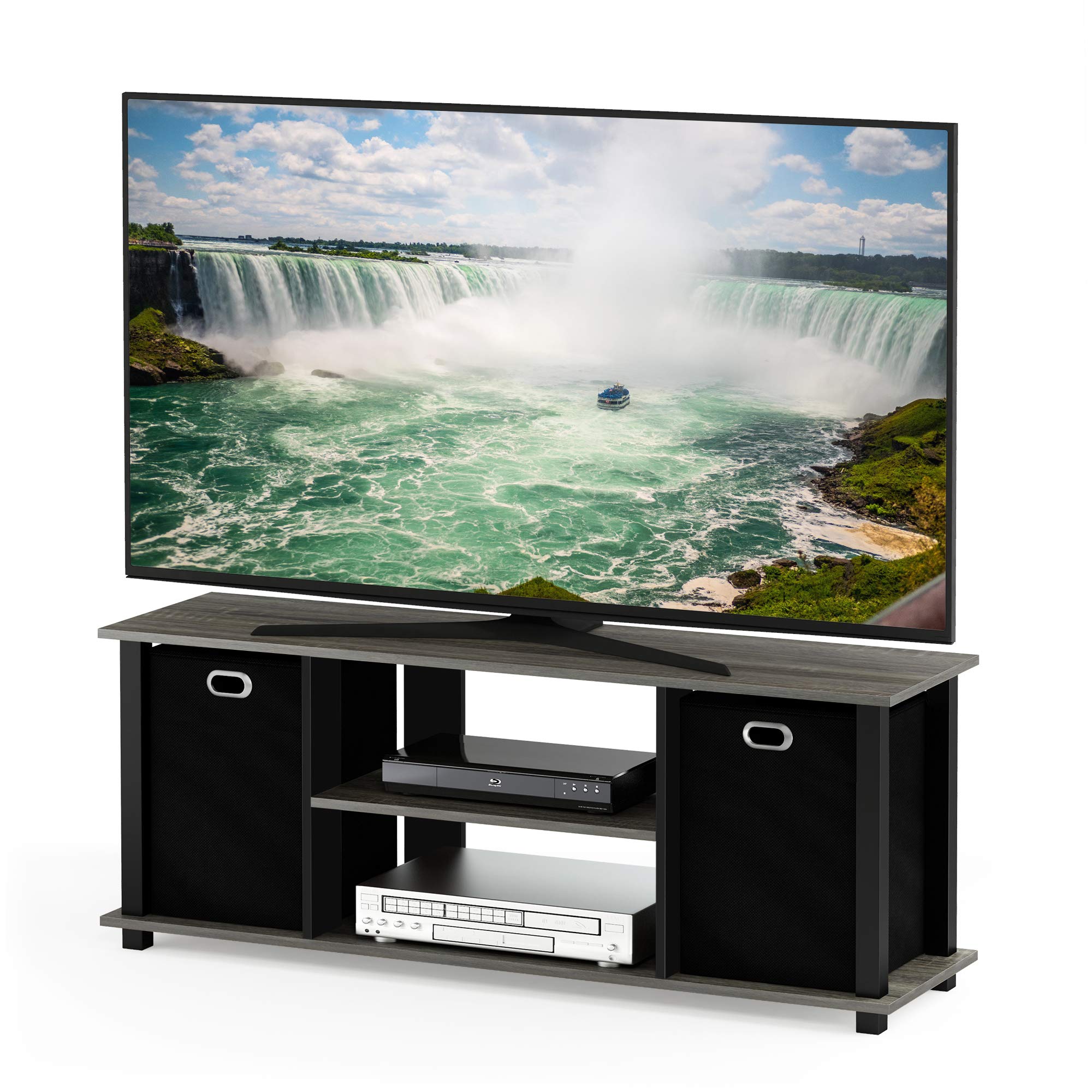 Furinno 13054 Econ Entertainment Center w/Storage Bins, French Oak Grey/Black/Black