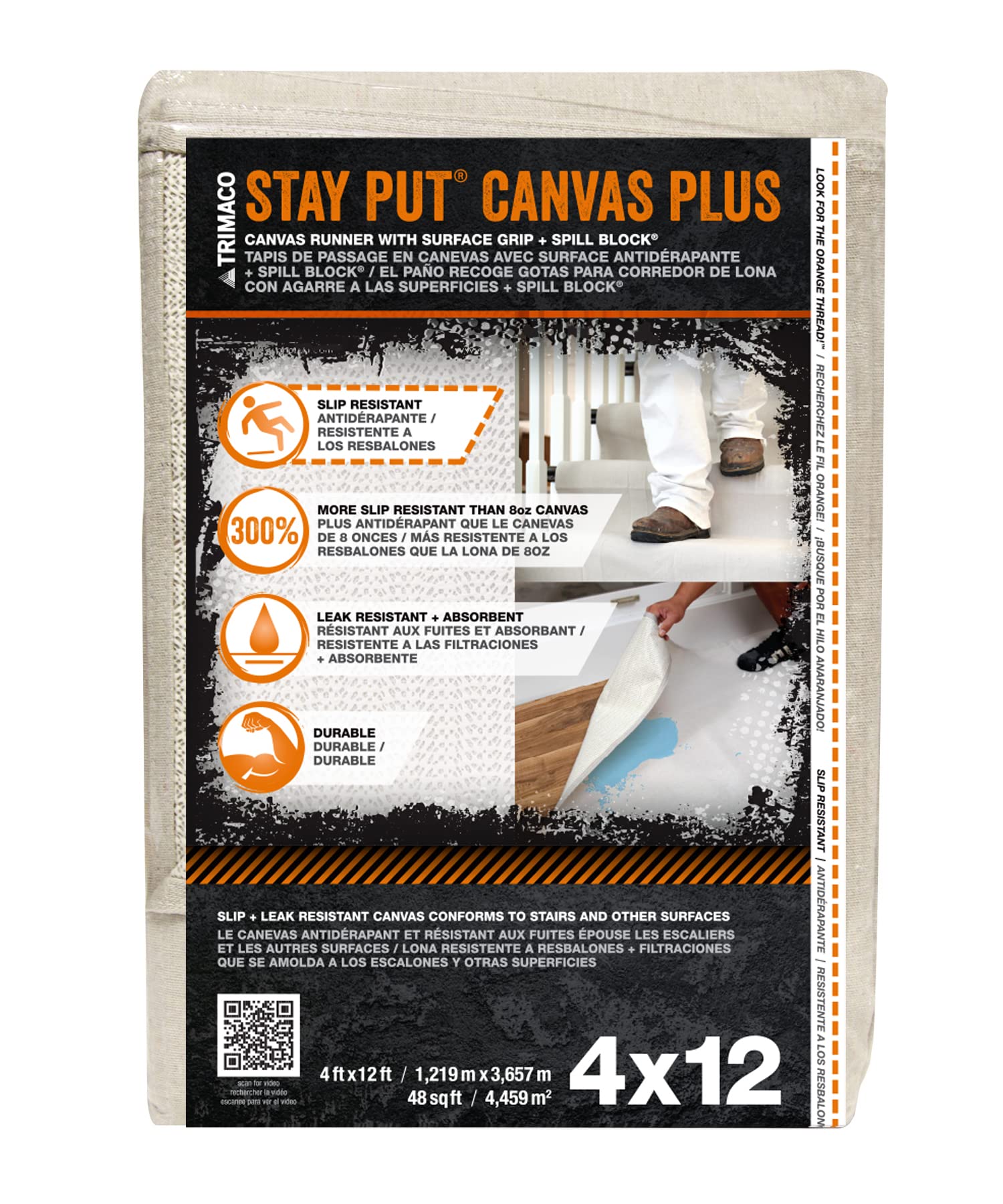 Trimaco 04328 Slip Resistant Dropcloth Stay Put Canvas Plus Drop Cloth, 4-Feet X 12-Feet
