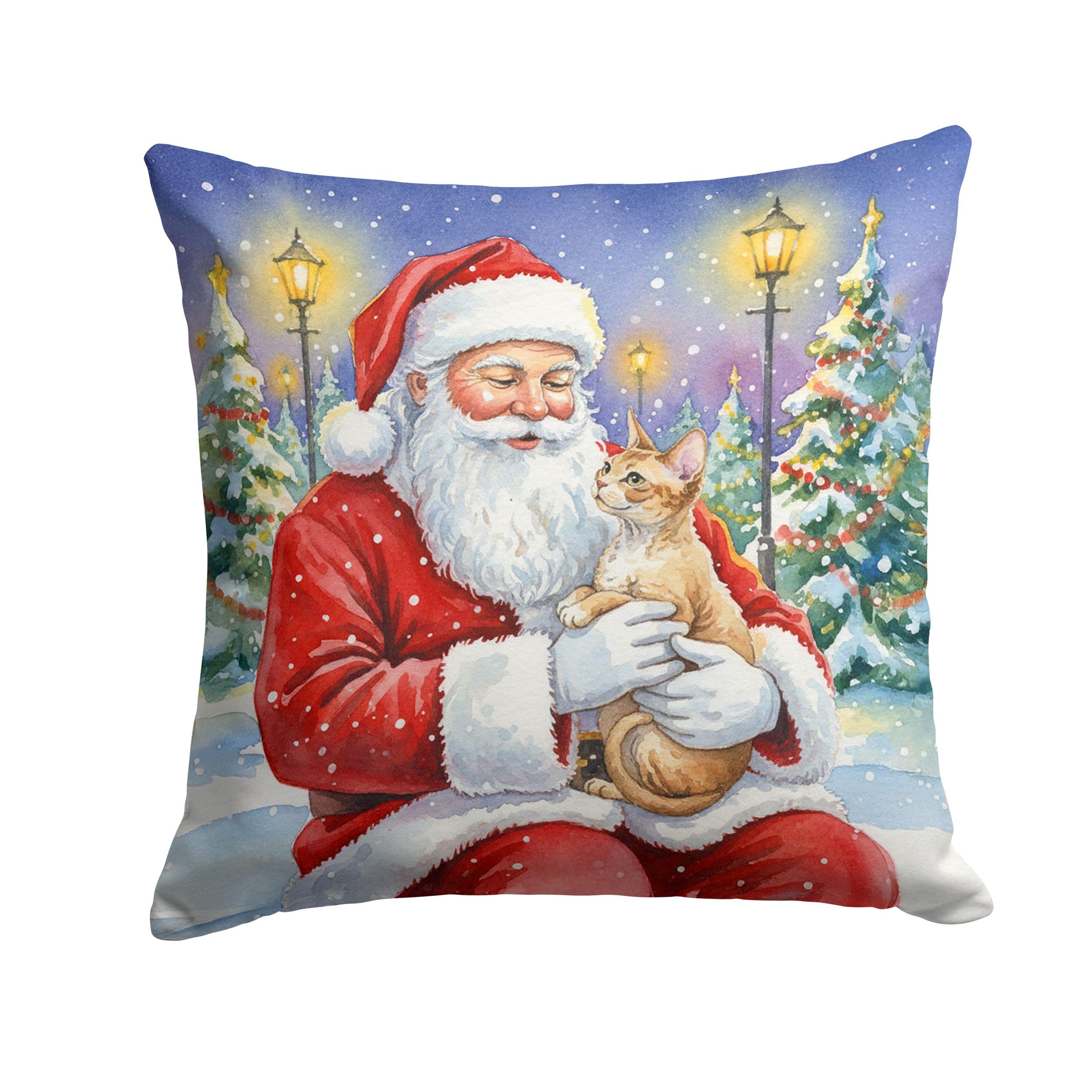 Carolines Treasures Devon Rex Cat with Santa Claus Throw Pillow Decorative Indoor Outdoor Accent Cushion for Couch, Bed or Patio, 18Hx18W