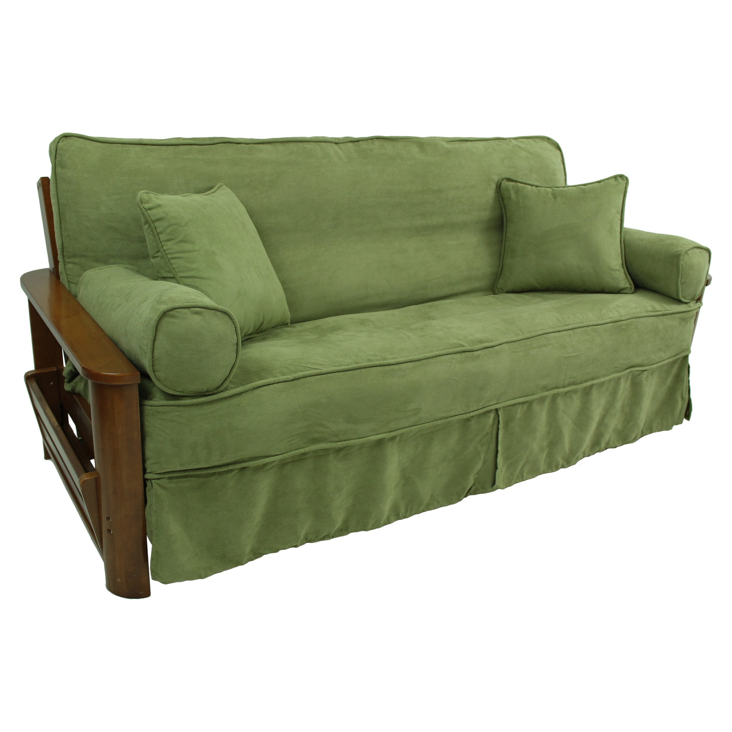 Solid Microsuede Double Corded 8 to 9-inch Full Futon Slipcover Set with Four Throw Pillows (Set of 5) - Sage Green