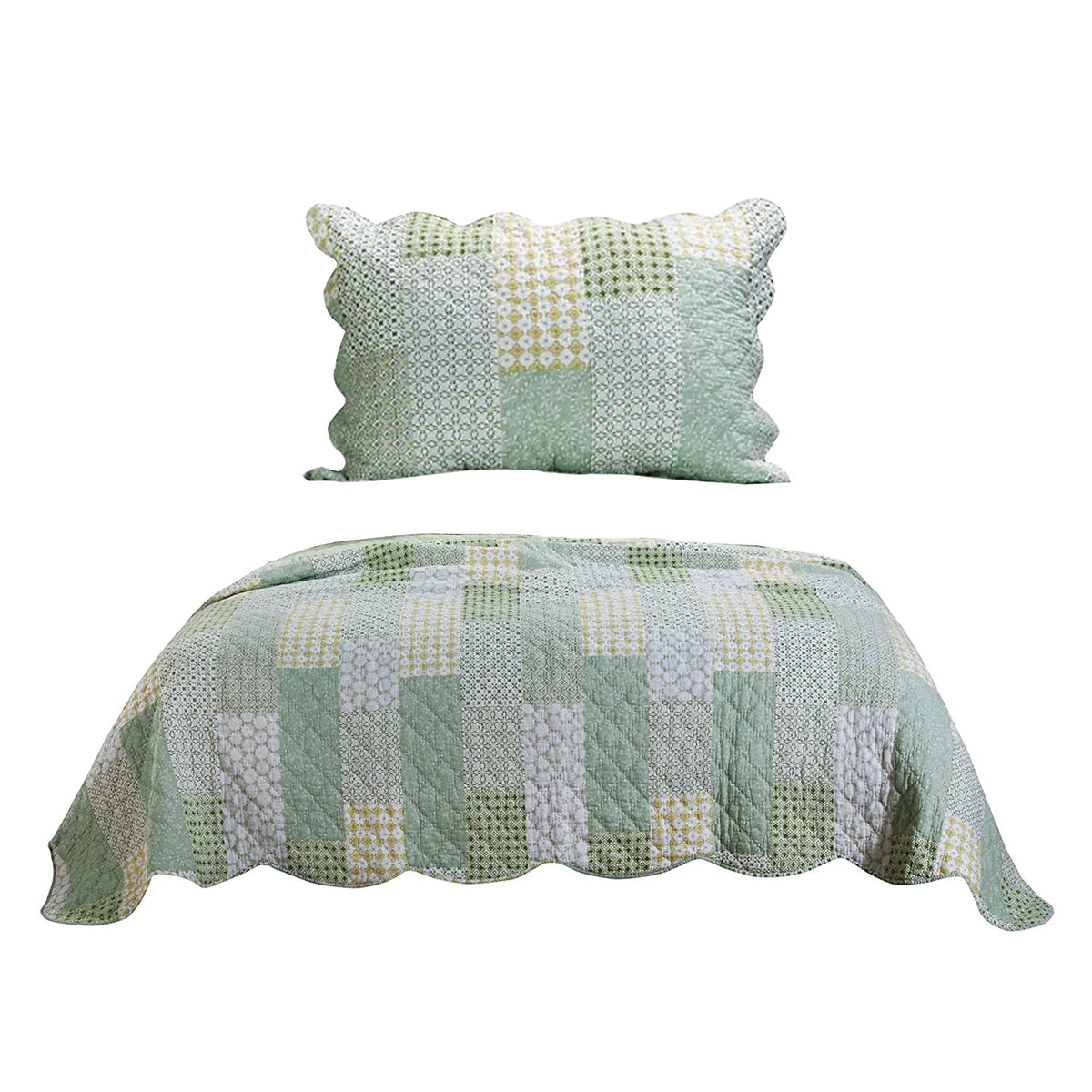 Benjara Reversible Fabric Twin Size Quilt Set With Geometric Pattern Motif, Green
