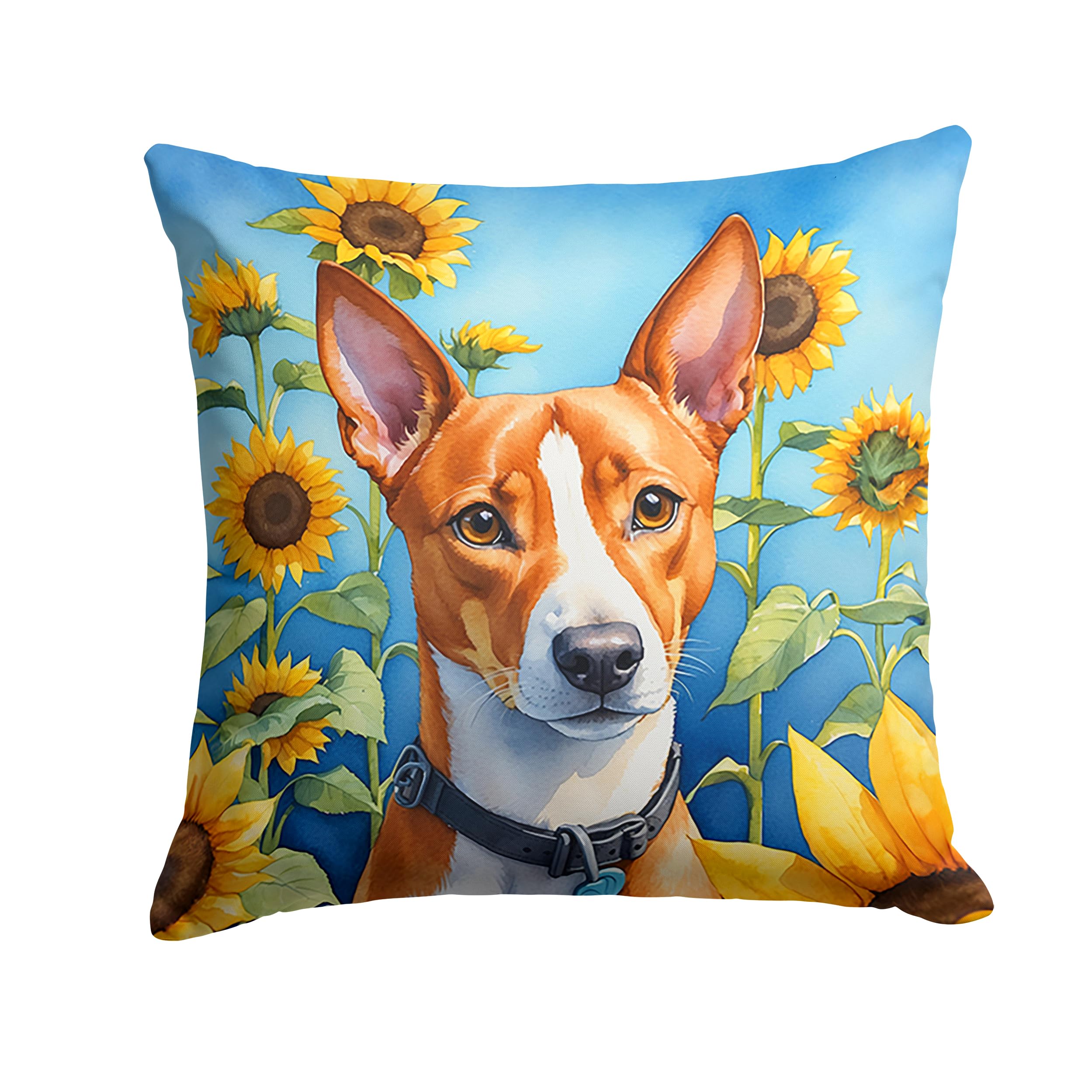 Basenji In Sunflowers Throw Pillow