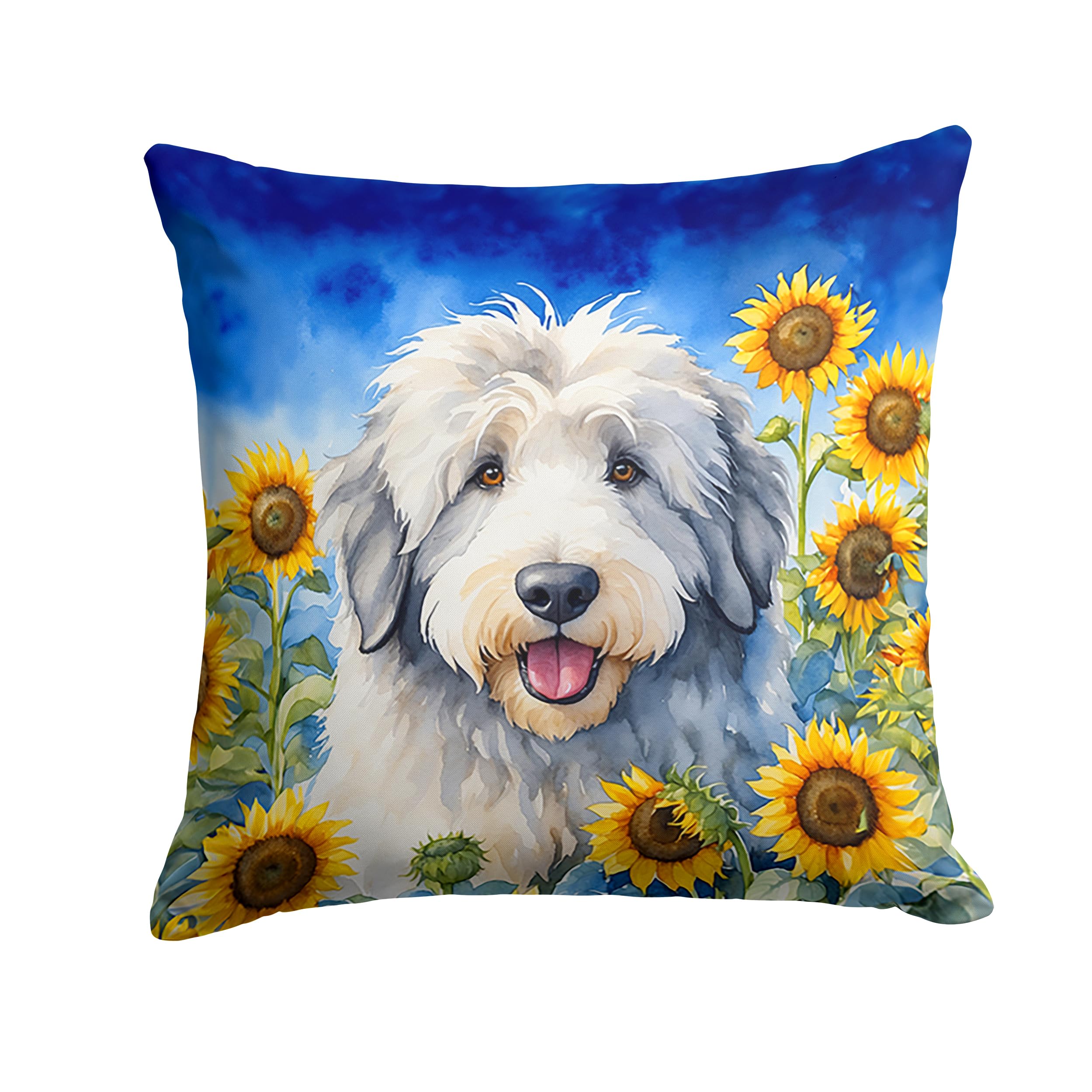 Old English Sheepdog In Sunflowers Throw Pillow