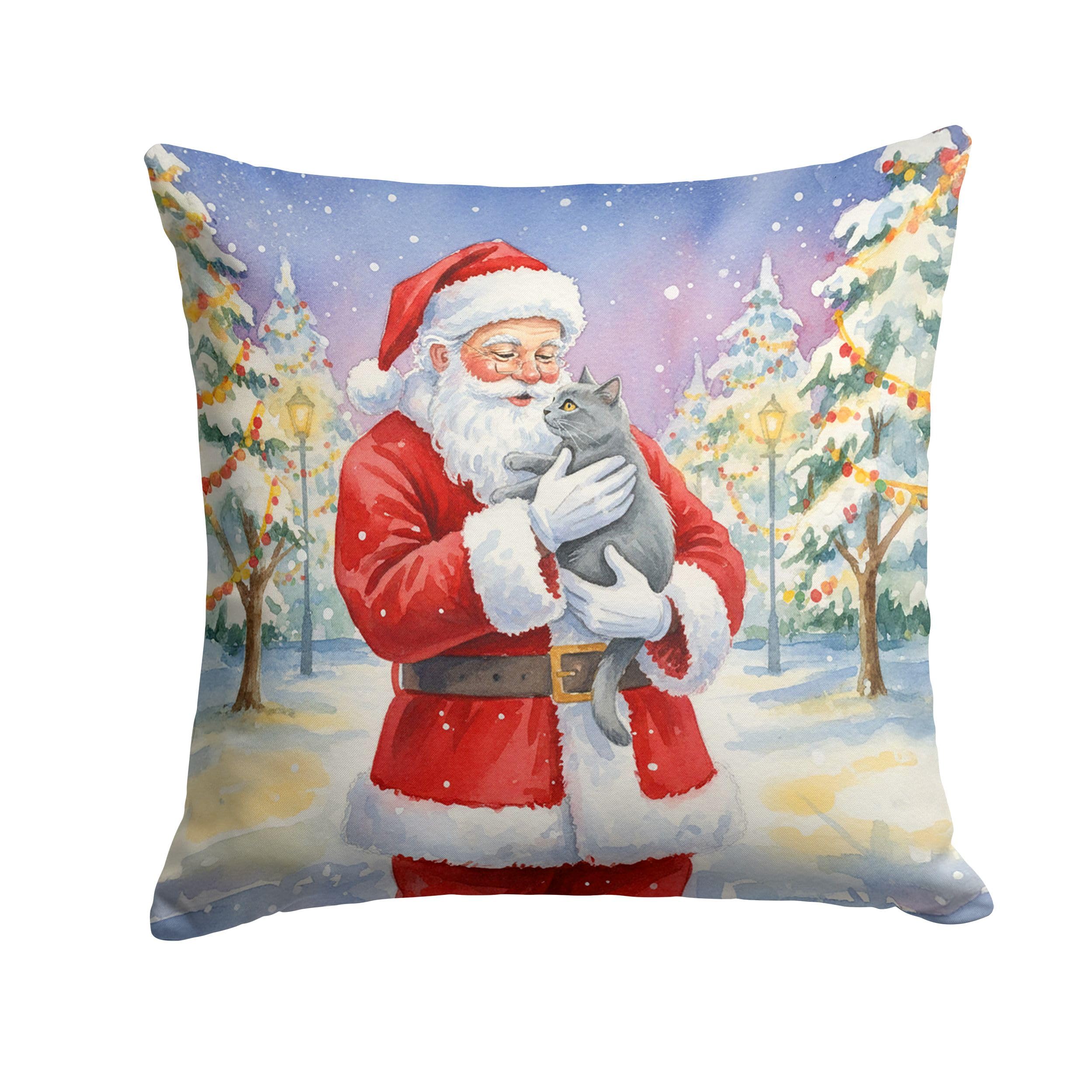 Carolines Treasures Chartreux Cat with Santa Claus Throw Pillow Decorative Indoor Outdoor Accent Cushion for Couch, Bed or Patio, 14Hx14W