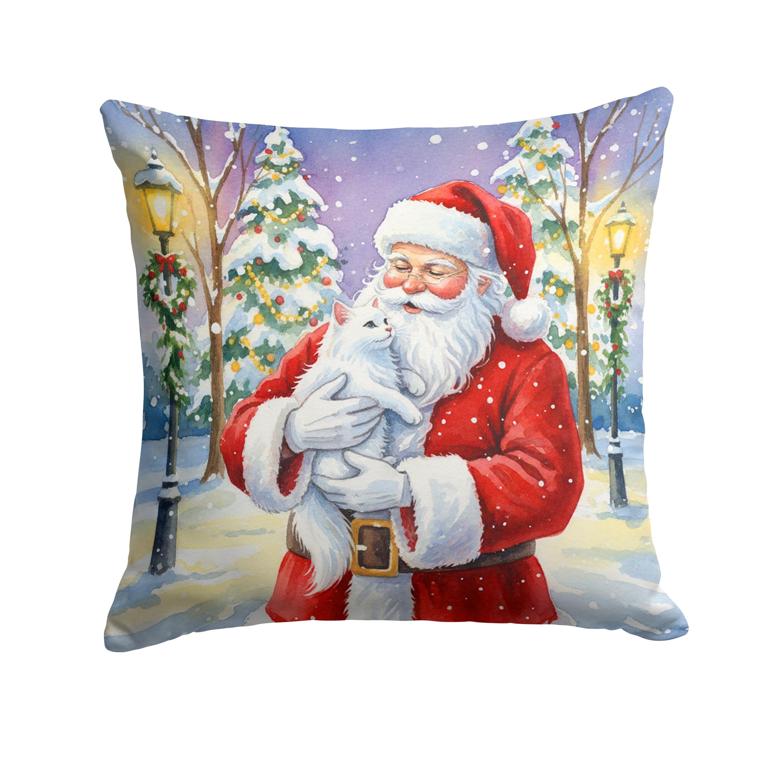Carolines Treasures White Cat with Santa Claus Throw Pillow Decorative Indoor Outdoor Accent Cushion for Couch, Bed or Patio, 18Hx18W