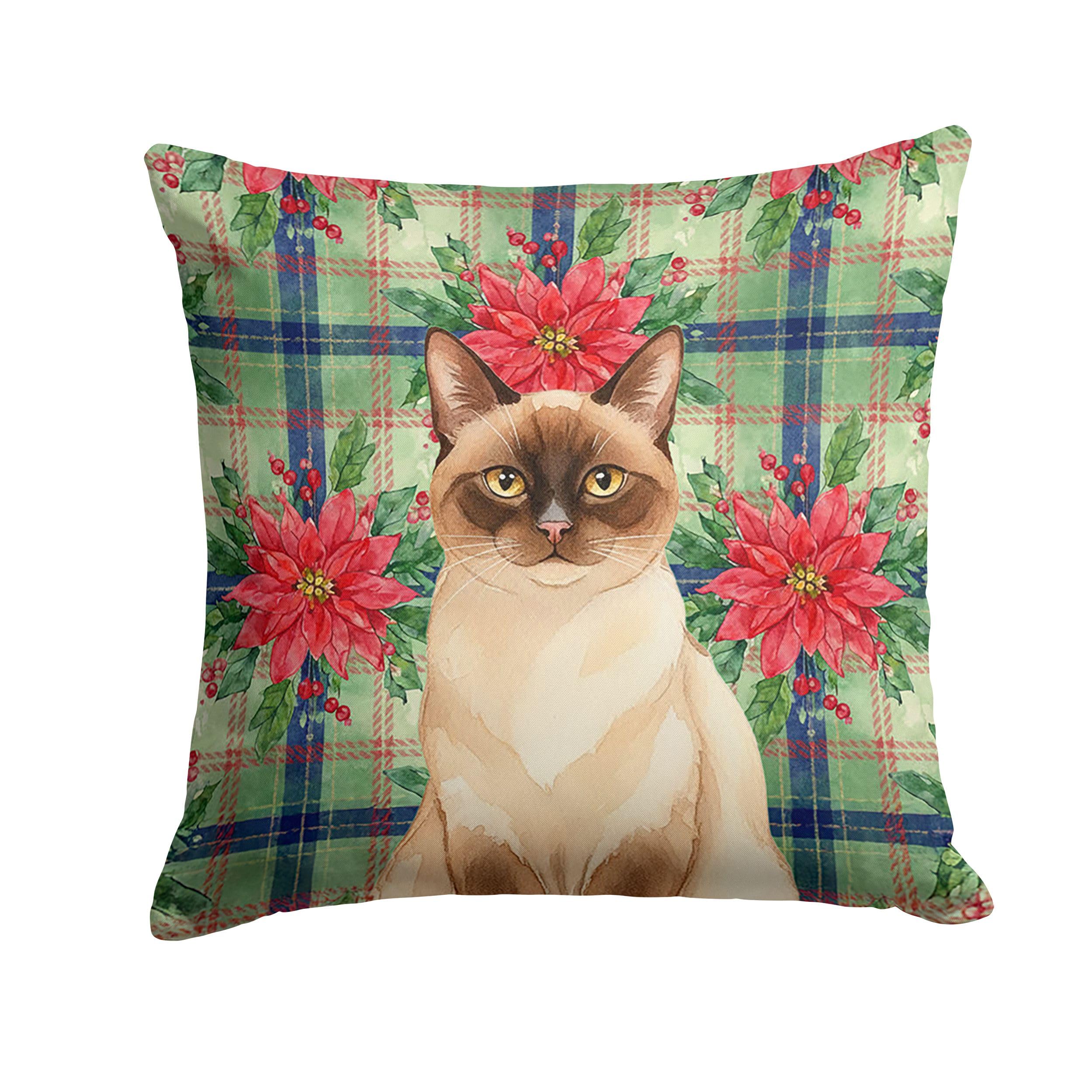 Carolines Treasures Chocolate Point Cat with Poinsettias Throw Pillow Decorative Indoor Outdoor Accent Cushion for Couch, Bed or Patio, 18Hx18W