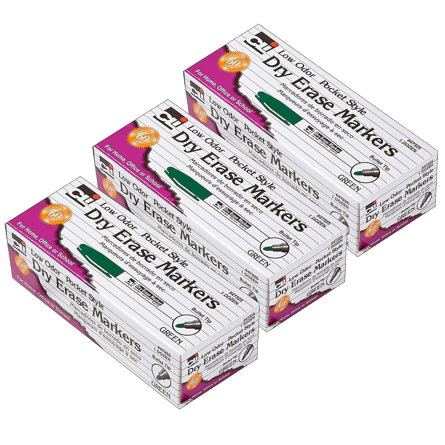 Dry Erase Markers, Bullet Tip, Green, Box of 12, 3 Boxes