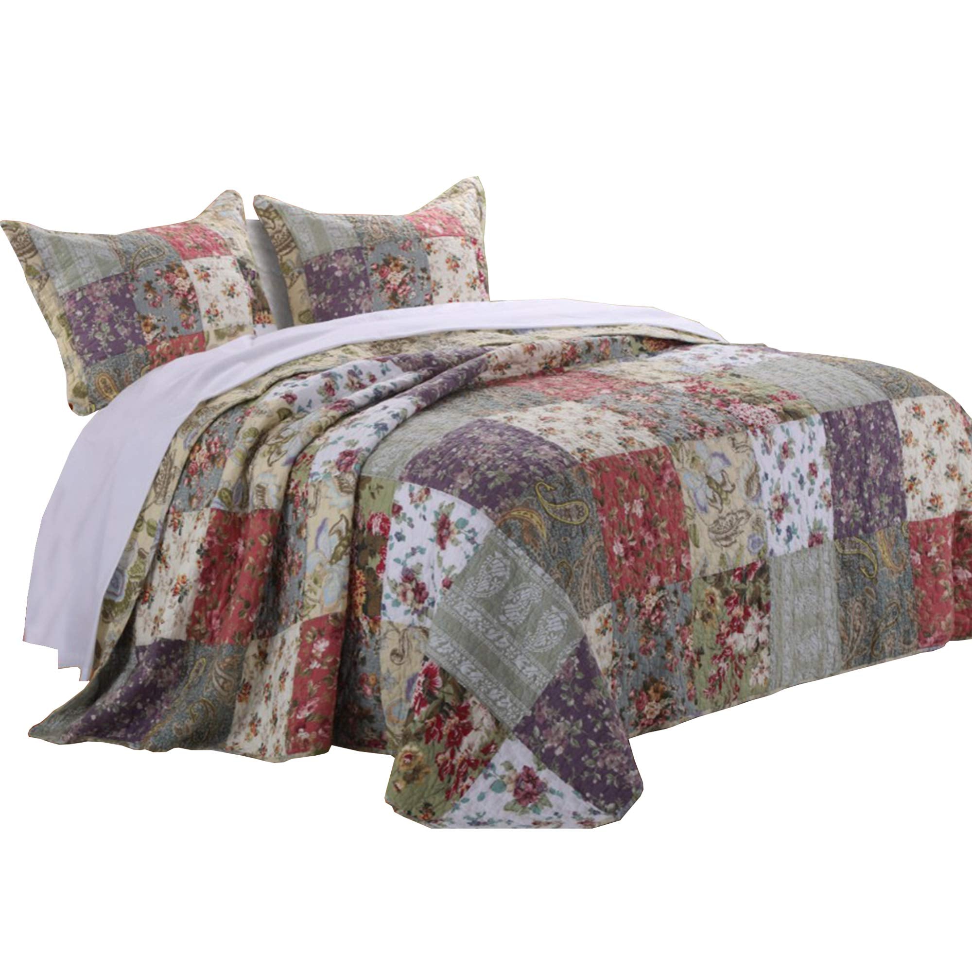 Benjara Chicago 3 Piece Fabric Queen Bedspread Set With Jacobean Prints, Multicolor