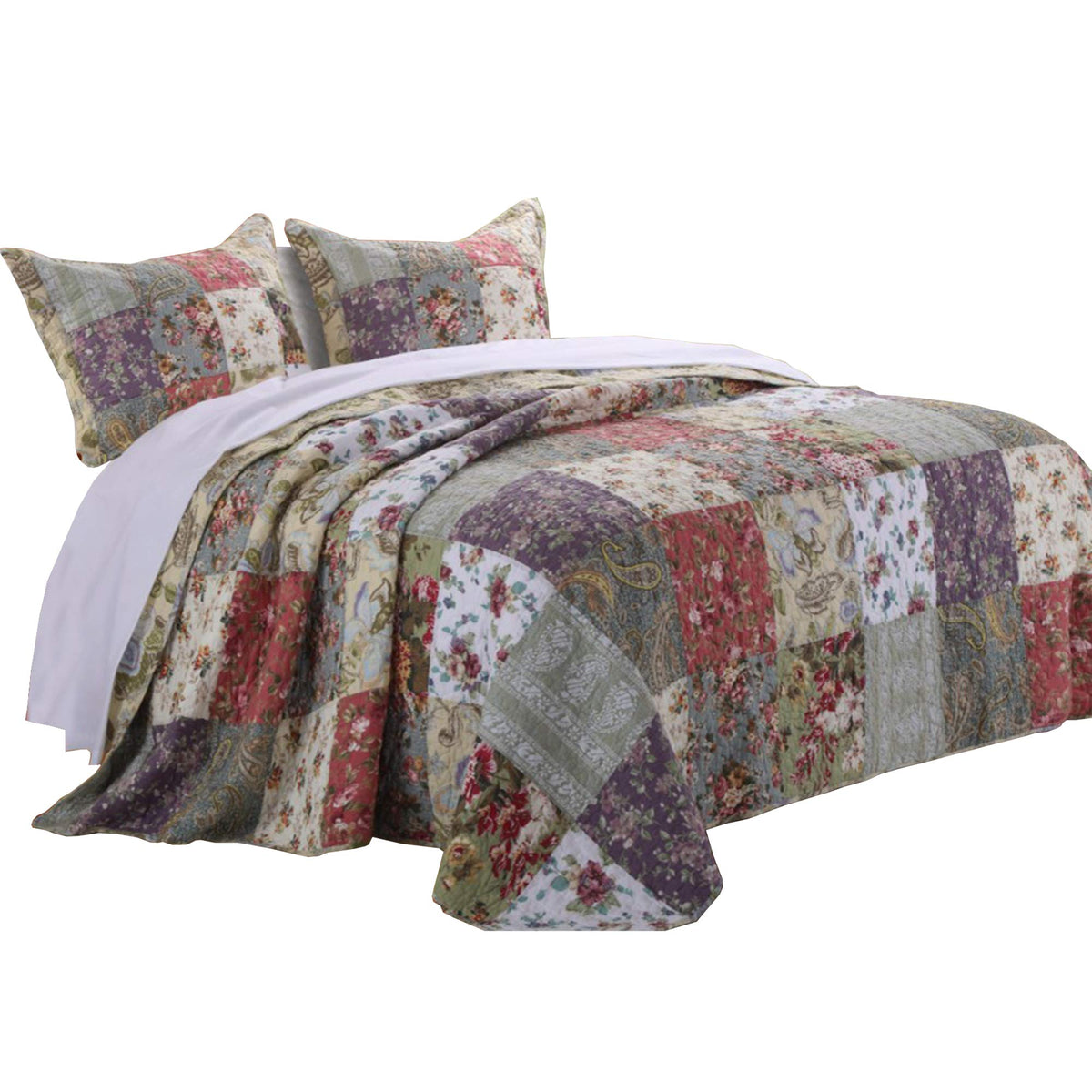 Benjara Chicago 3 Piece Fabric Queen Bedspread Set With Jacobean Prints, Multicolor