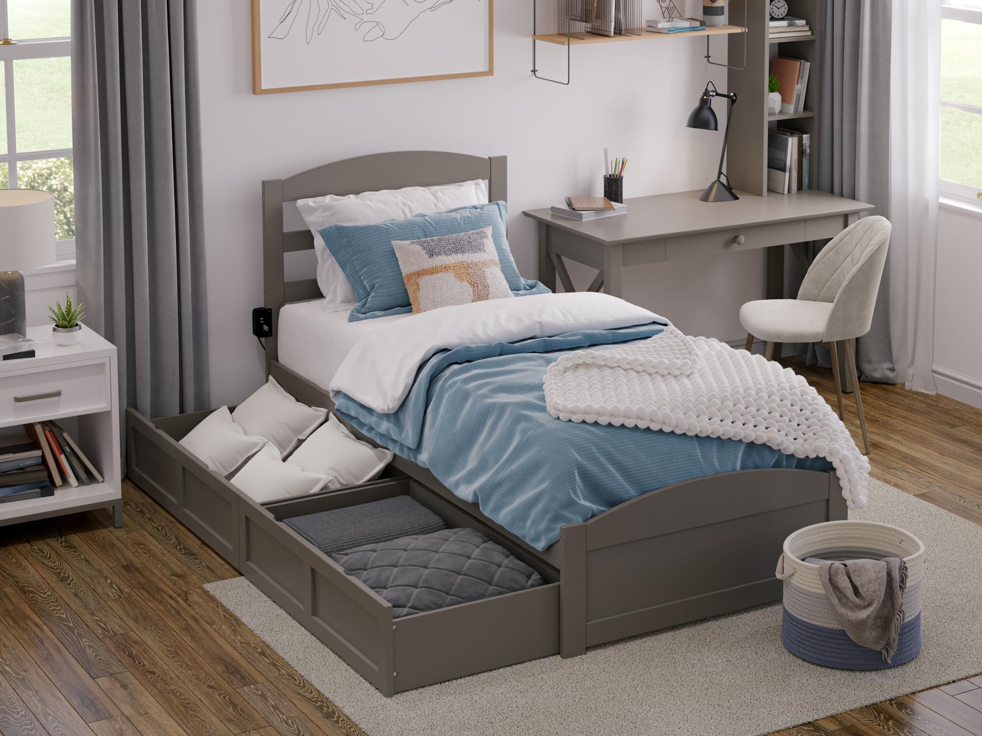 Warren Twin Bed with Footboard and 2 Drawers in Grey