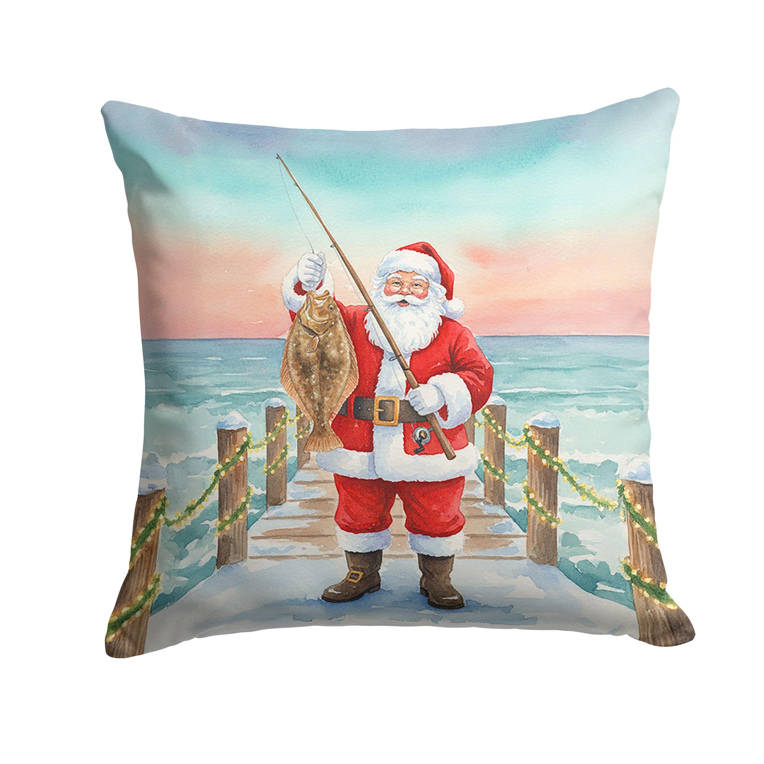 Carolines Treasures Fishing Santa Claus with Flounder Christmas Throw Pillow Decorative Indoor Outdoor Accent Cushion for Couch, Bed or Patio, 14Hx14W