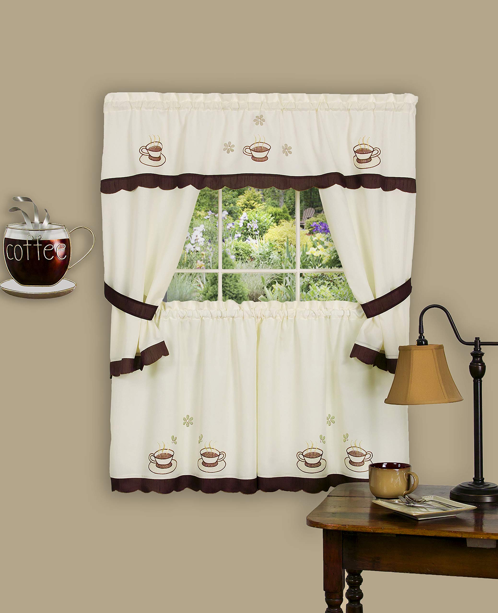 Cuppa Joe Embellished Cottage Set - 58x24 Tailored Tier Pair/58x36 Tailored Topper with attached swaggers and tiebacks. - Brown