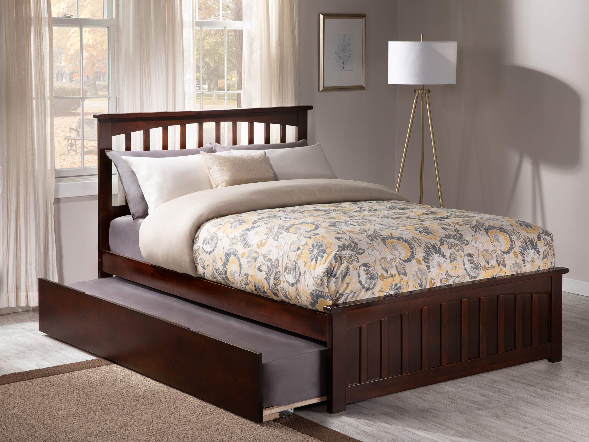 Mission Queen Bed with Matching Footboard and Twin Extra Long Trundle in Walnut