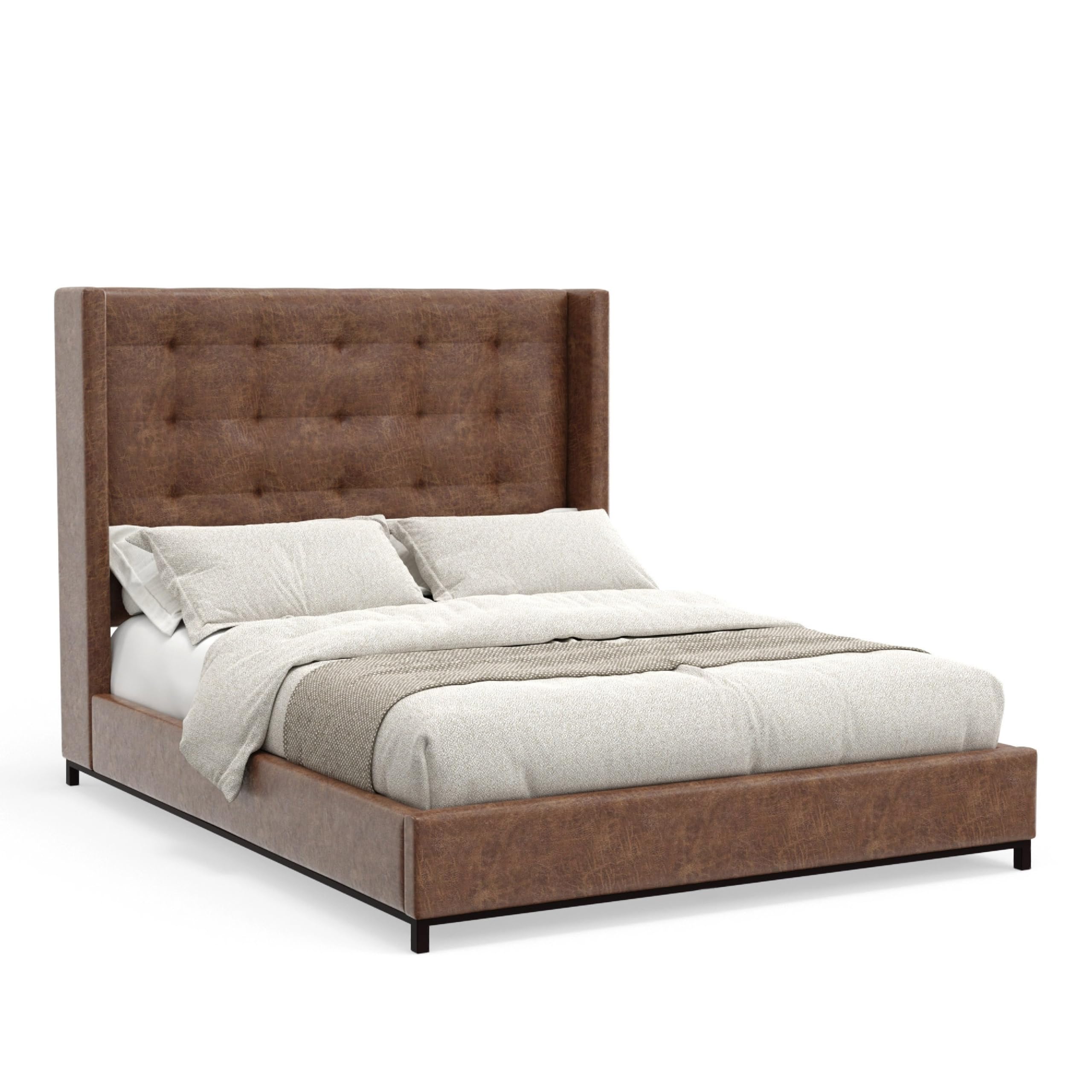 Domy King Bed, Brown Faux Leather Upholstery, Wingback Headboard