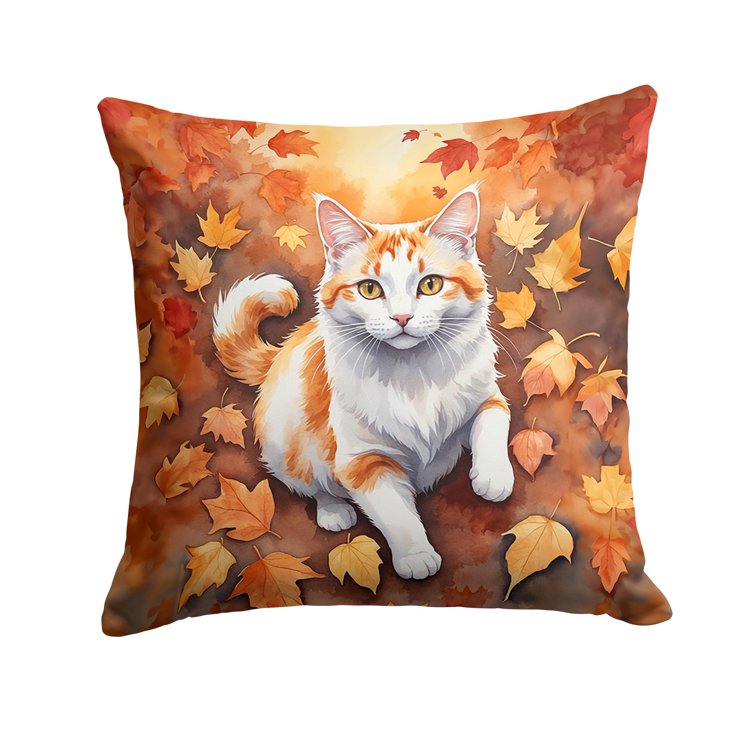 Carolines Treasures Turkish Van Cat in Fall Leaves Throw Pillow Machine Washable, Indoor Outdoor Decorative Pillow for Couch, Bed or Patio, 18Hx18W