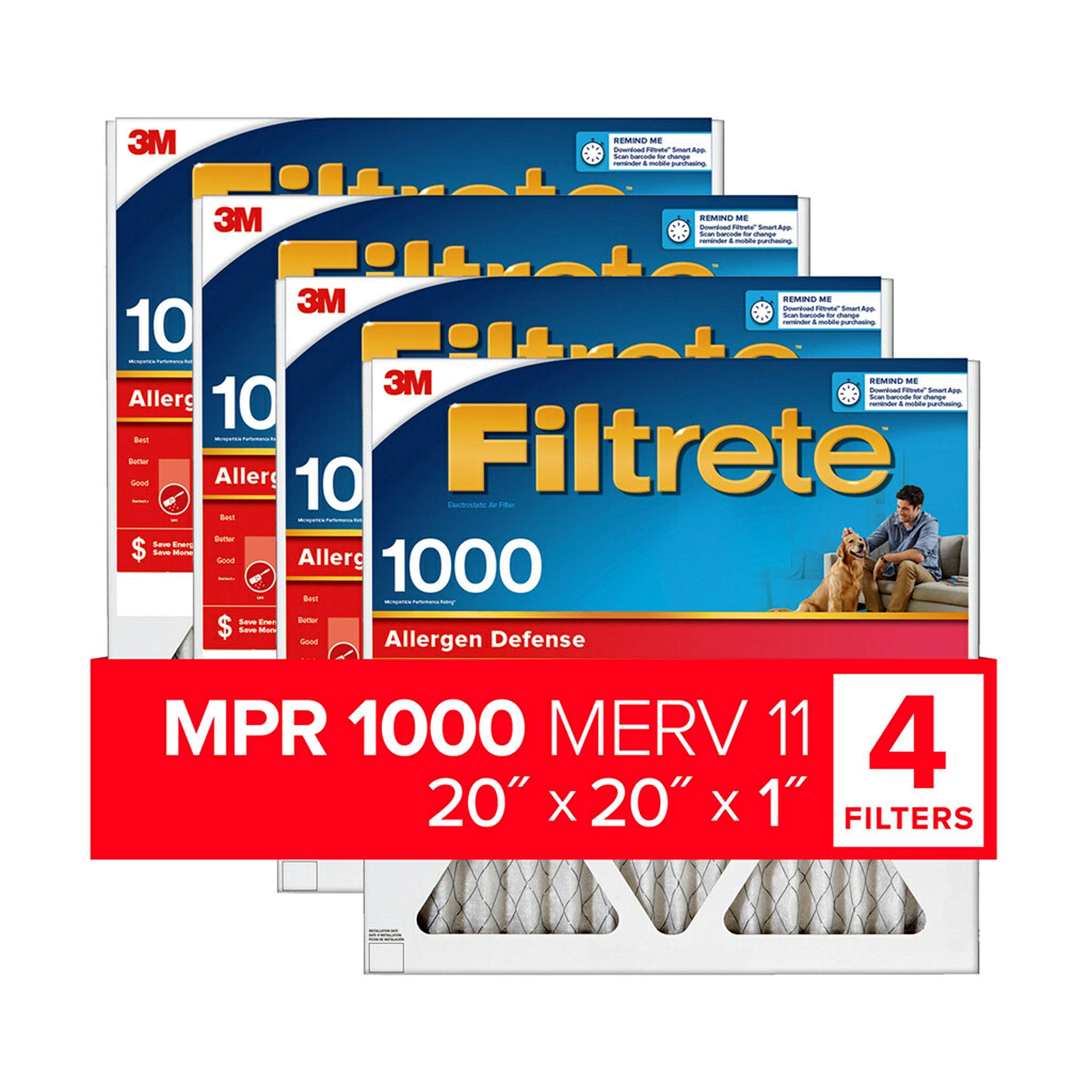 Filtrete 20X20X1 Air Filter Mpr 1000 Merv 11, Allergen Defense, 4-Pack (Exact Dimensions 19.69X19.69X0.81)