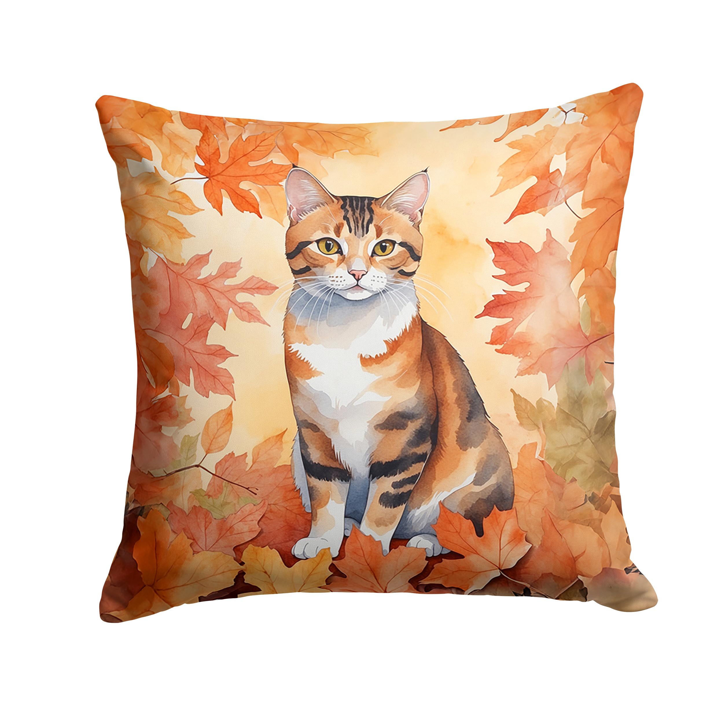Carolines Treasures Korean Bobtail Cat in Fall Leaves Throw Pillow Machine Washable, Indoor Outdoor Decorative Pillow for Couch, Bed or Patio, 14Hx14W