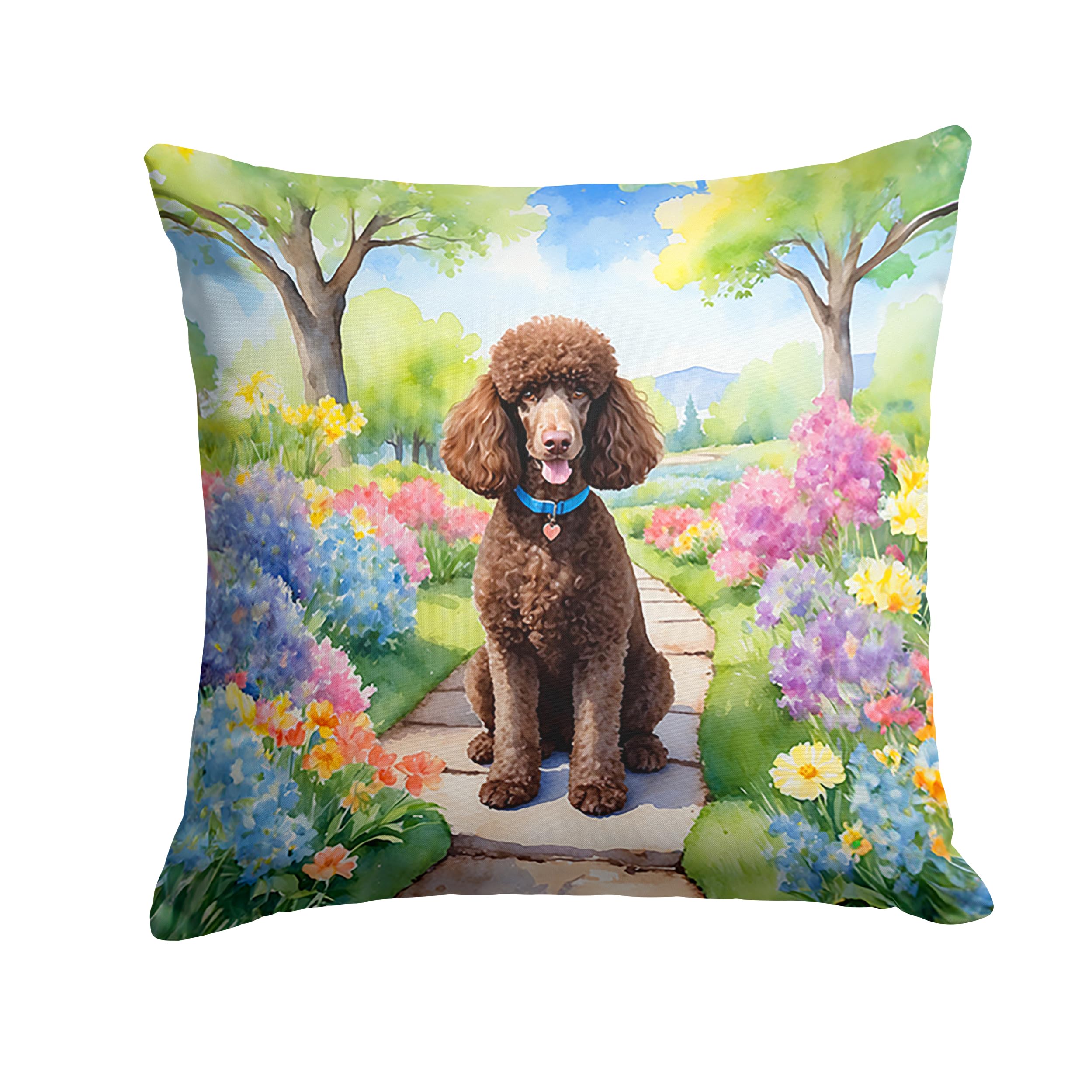 Carolines Treasures Chocolate Poodle Spring Path Throw Pillow Machine Washable, Indoor Outdoor Decorative Pillow for Couch, Bed or Patio, 18Hx18W