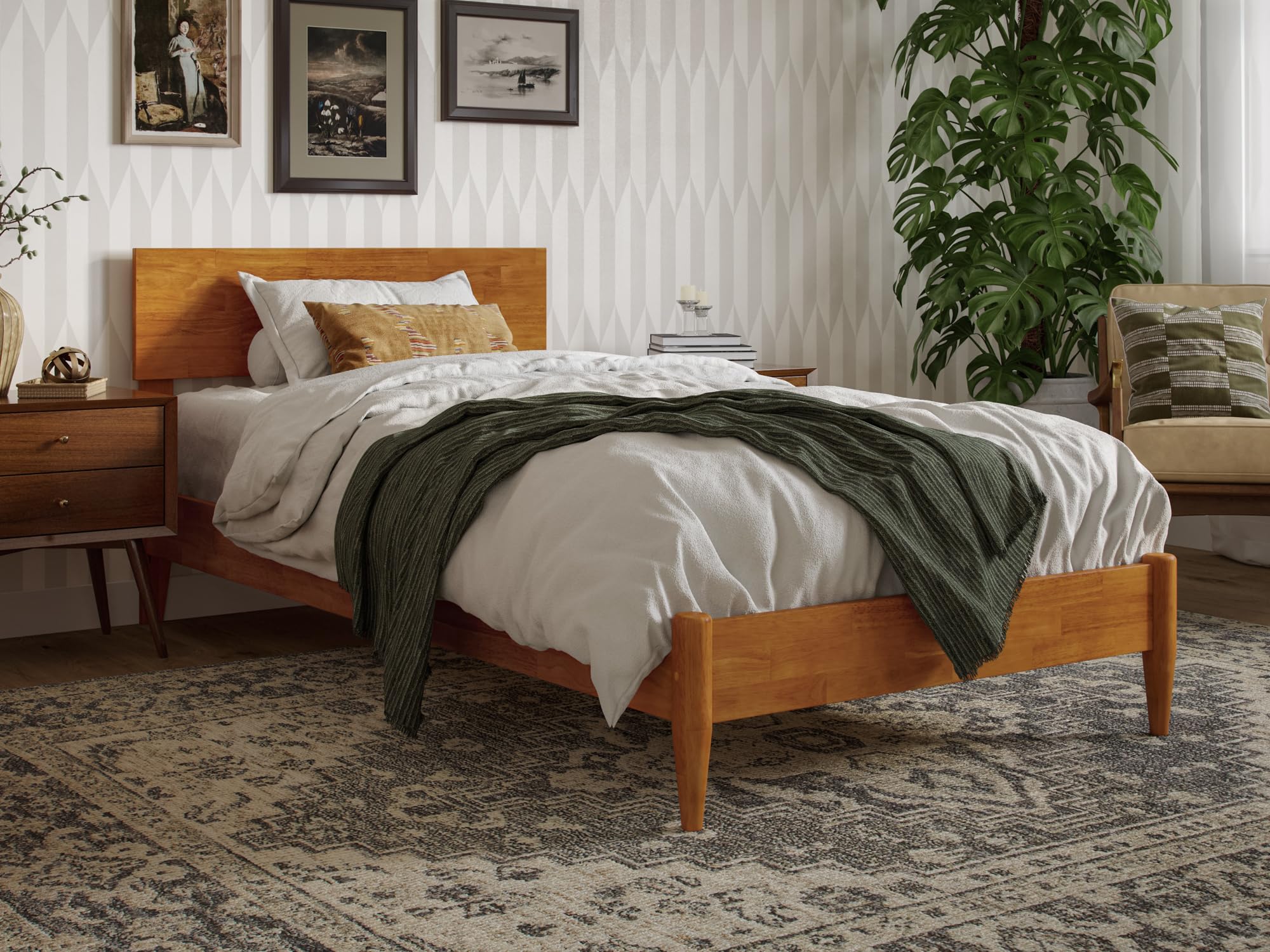 Aria Twin XL Solid Wood Modern Low Profile Platform Bed in Light Toffee