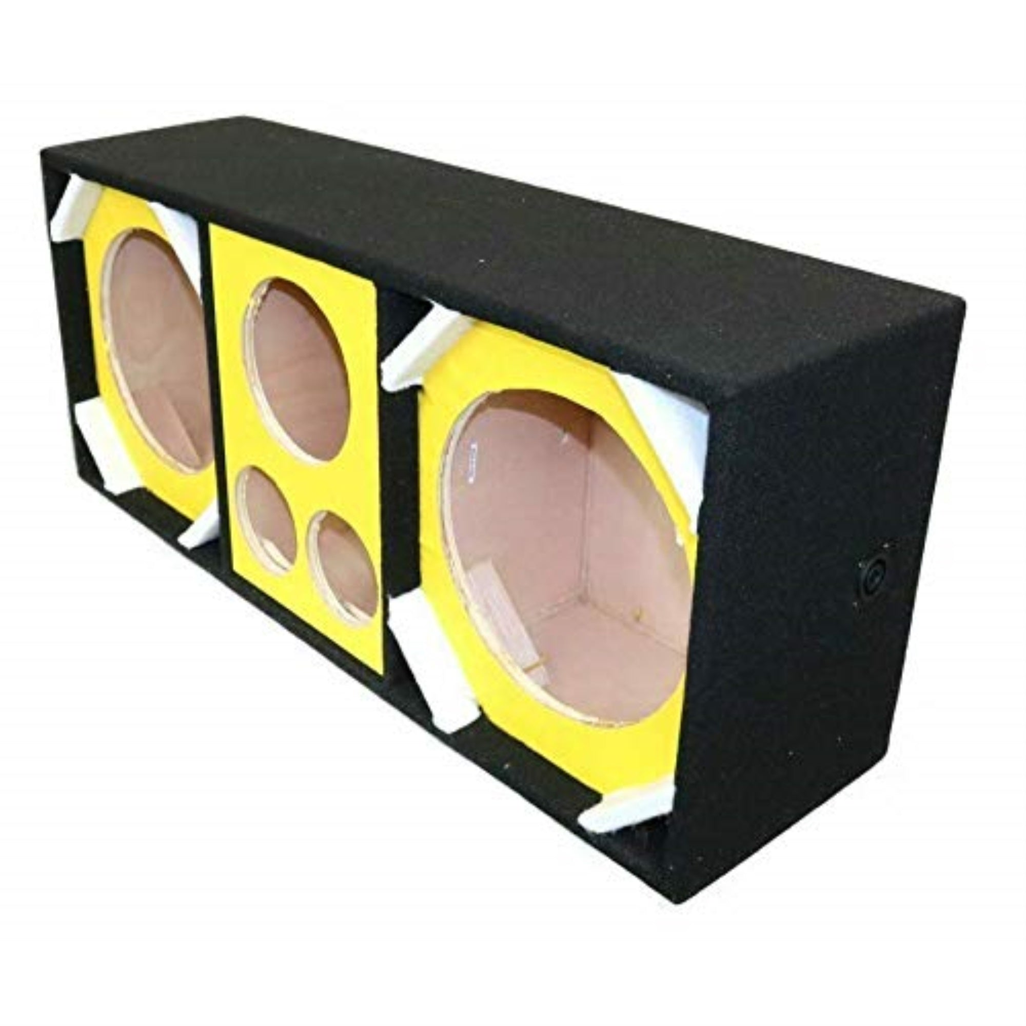 Two 10-In Woofers Plus Two Tweeters And One Horn Yellow Empty Chuchera Speaker Enclosure Withquad Port