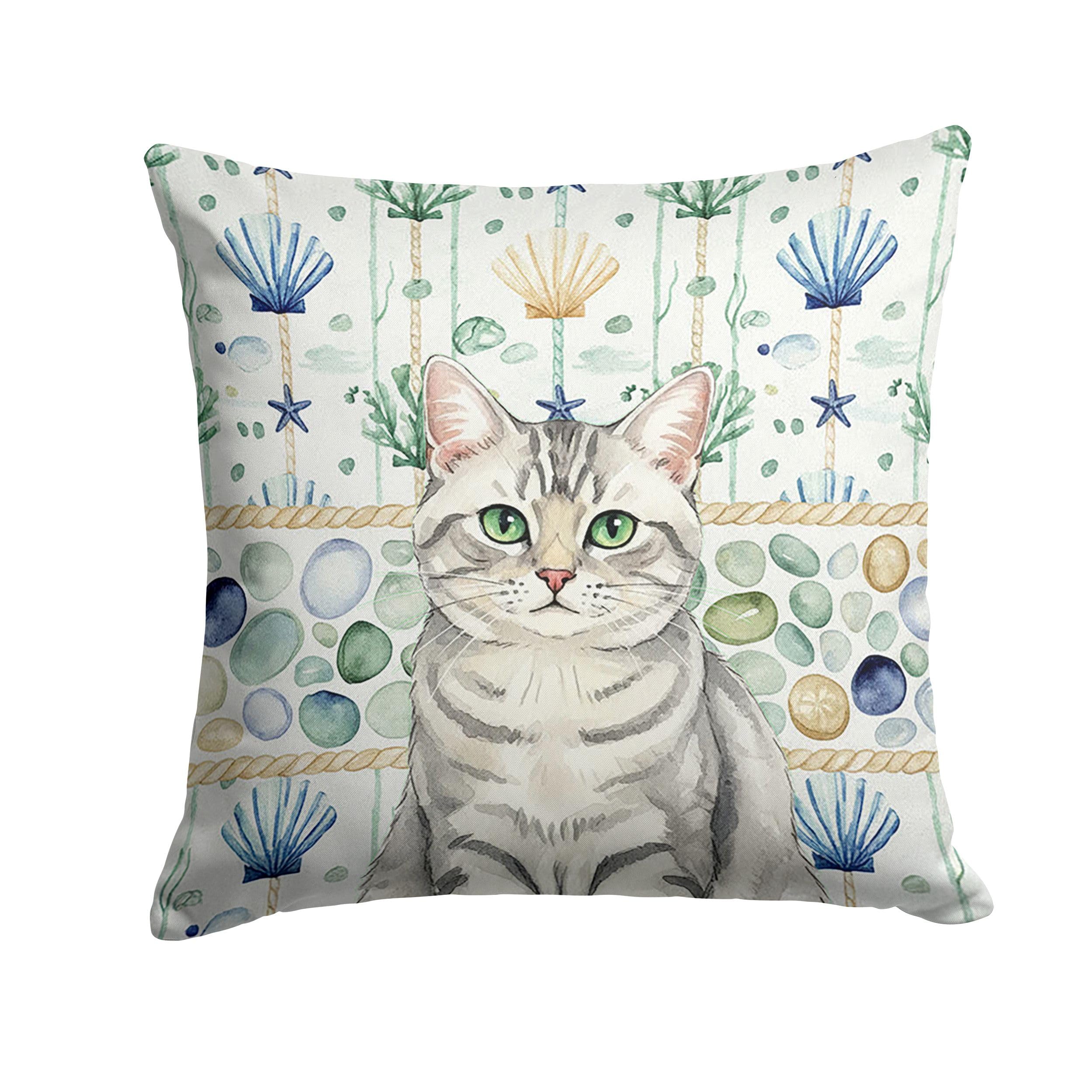 Carolines Treasures Silver Mackerel Tabby Cat Coastal Sea Glass Throw Pillow Decorative Indoor Outdoor Accent Cushion for Couch, Bed or Patio, 18Hx18W