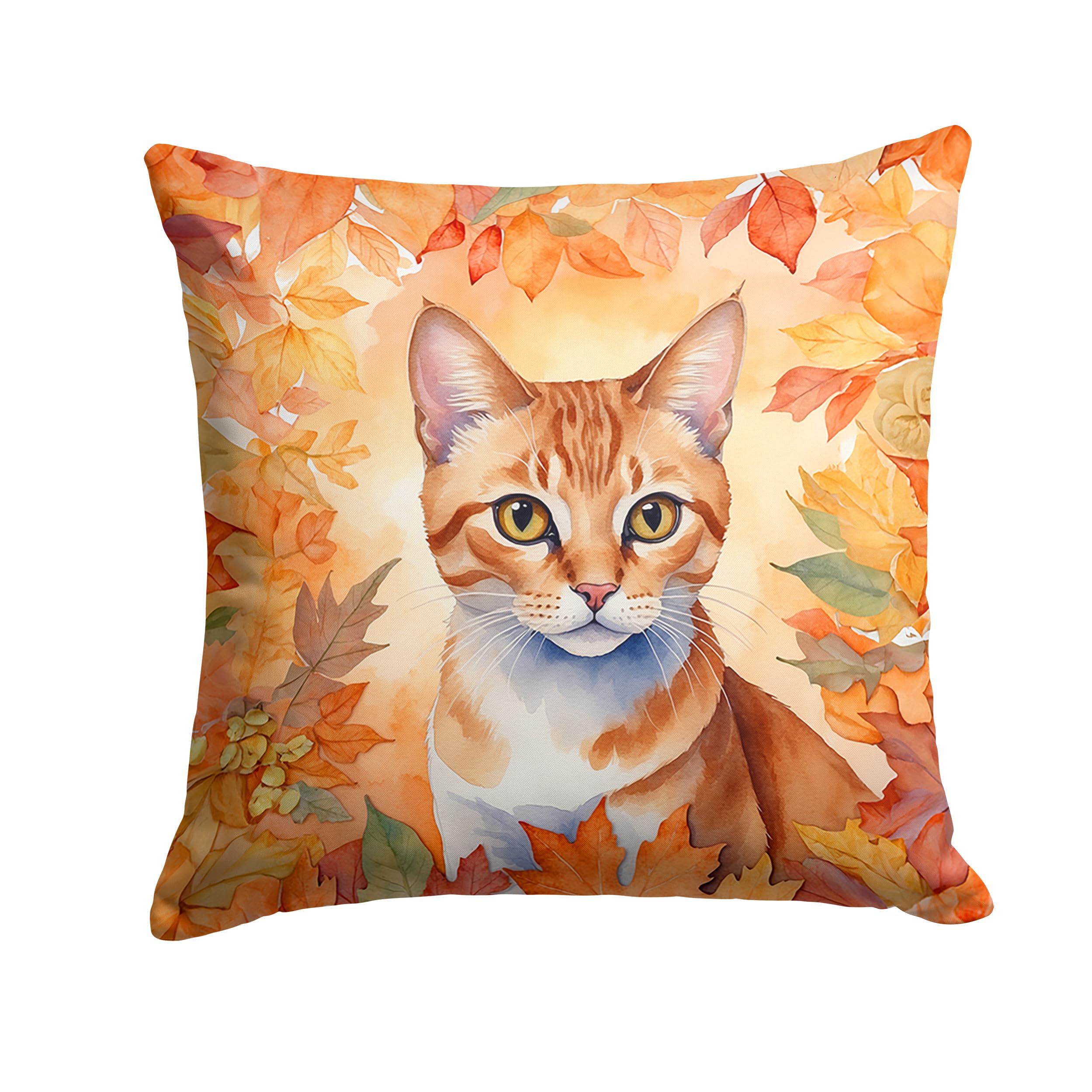 Carolines Treasures Arabian Mau Cat in Fall Leaves Throw Pillow Machine Washable, Indoor Outdoor Decorative Pillow for Couch, Bed or Patio, 18Hx18W