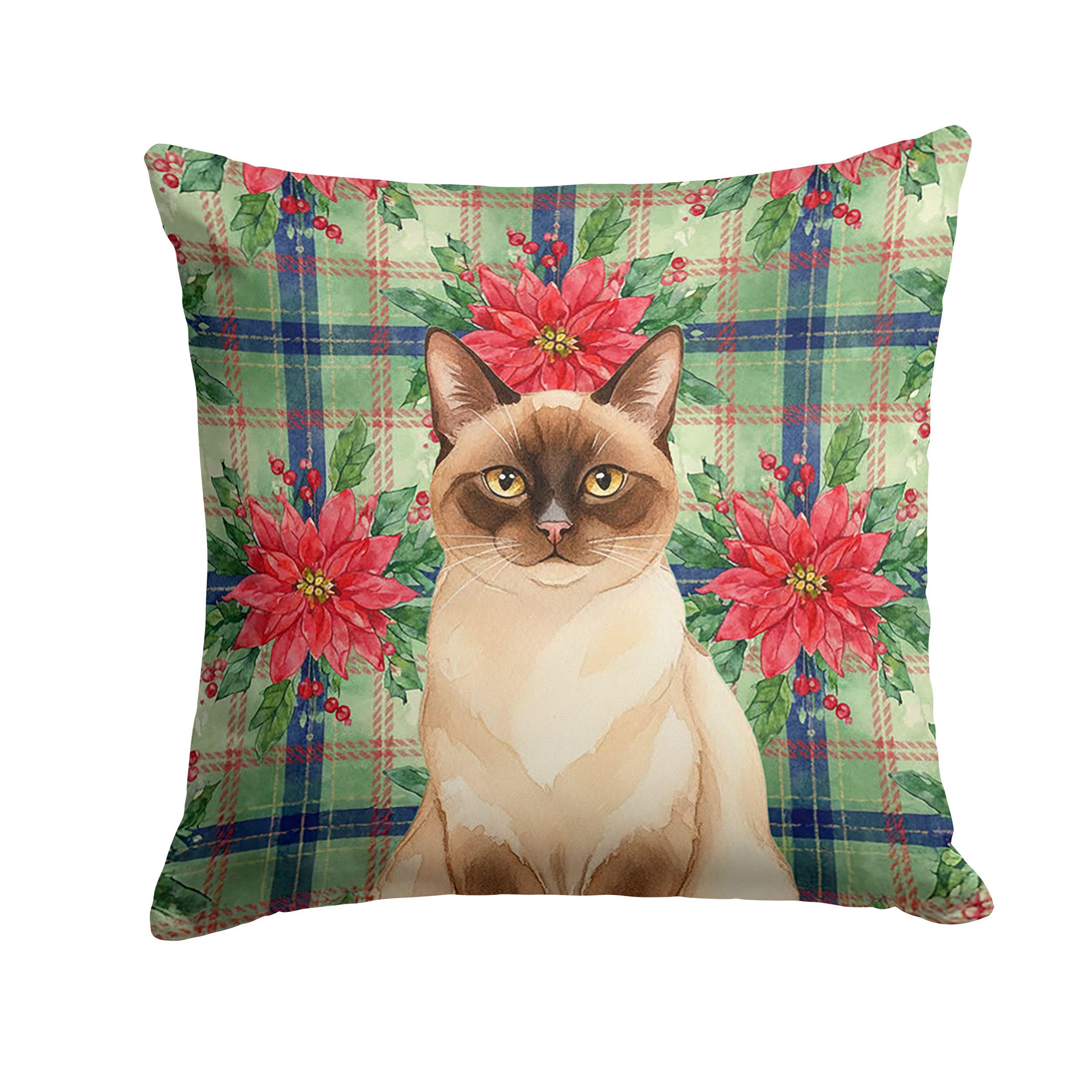 Carolines Treasures Chocolate Point Cat with Poinsettias Throw Pillow Decorative Indoor Outdoor Accent Cushion for Couch, Bed or Patio, 14Hx14W