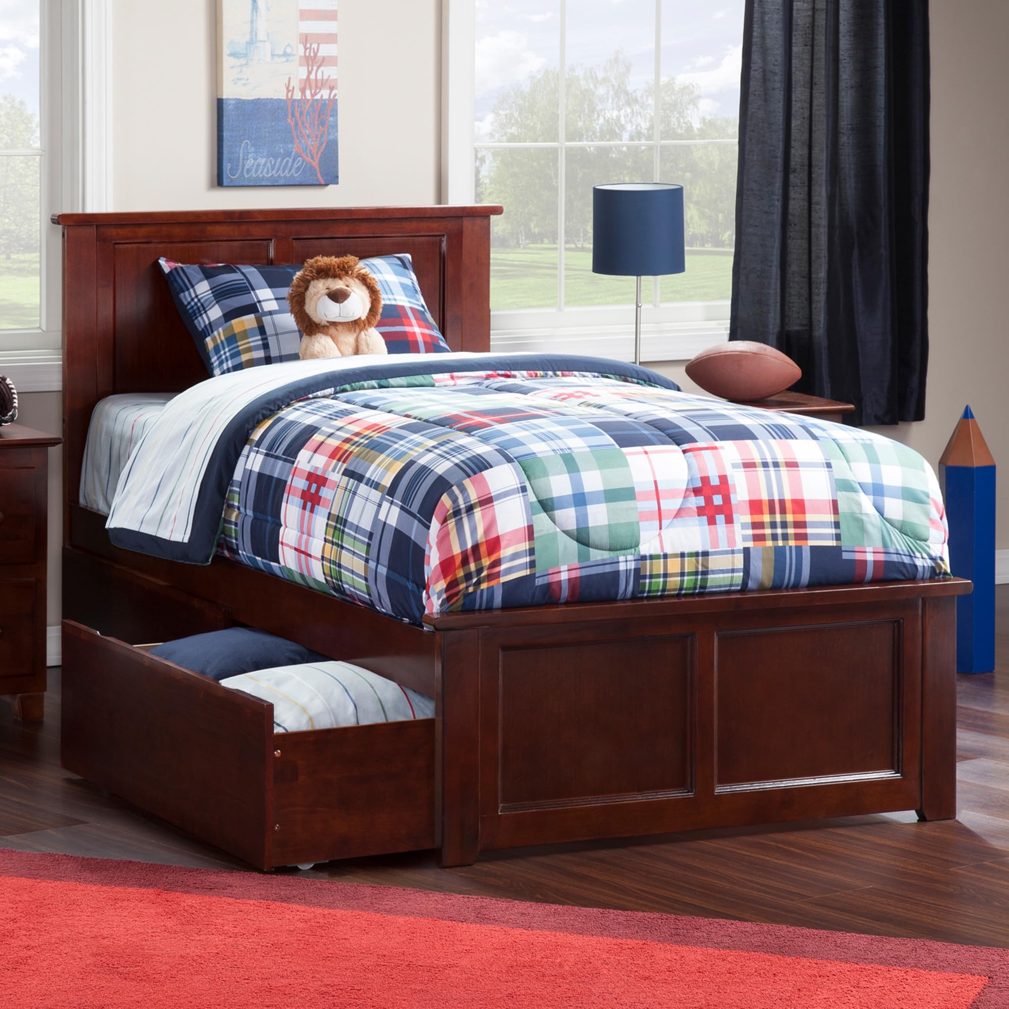 Madison Twin Solid Wood Platform Bed with Matching Footboard & 2 Storage Drawers in Walnut