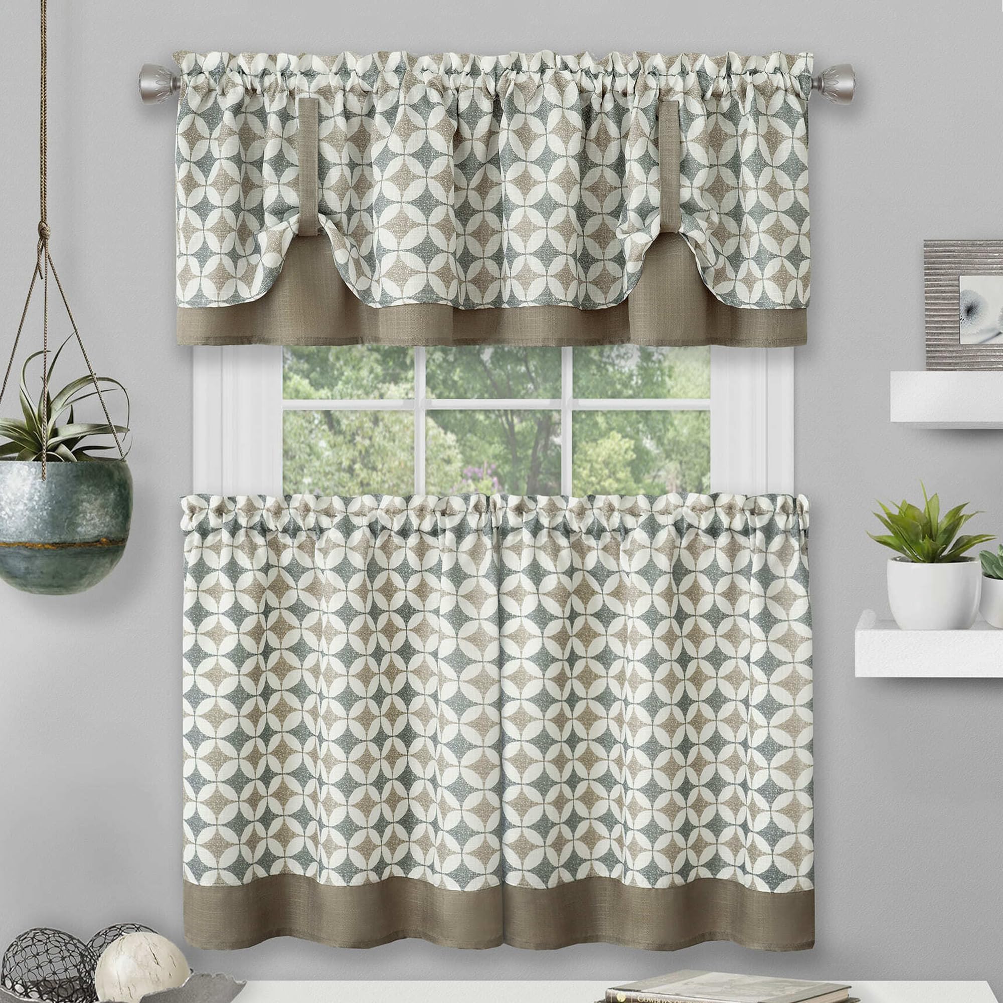 Callie Window Curtain Tier Pair and Valance Set - 58x24 - Taupe/Silver