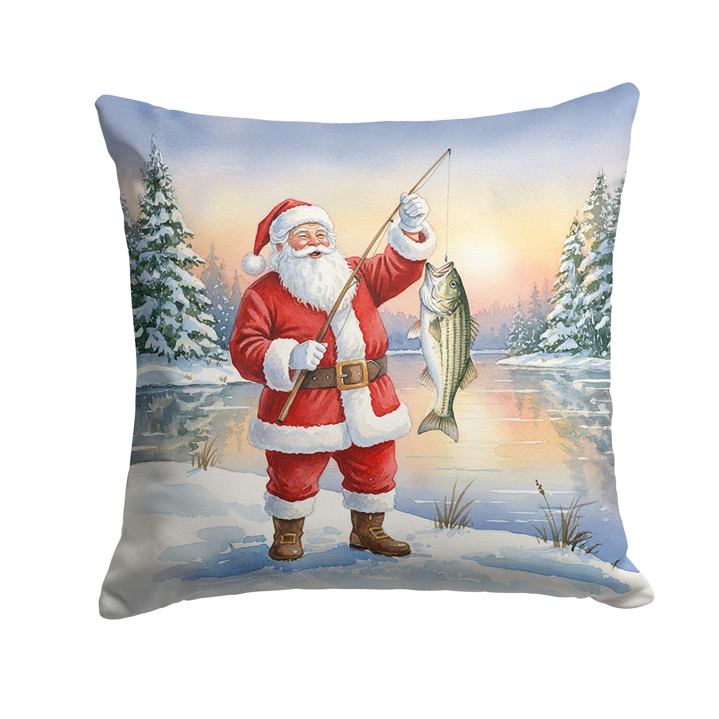 Carolines Treasures Fishing Santa Claus with Striped Bass Christmas Throw Pillow Decorative Indoor Outdoor Accent Cushion for Couch, Bed or Patio, 14Hx14W