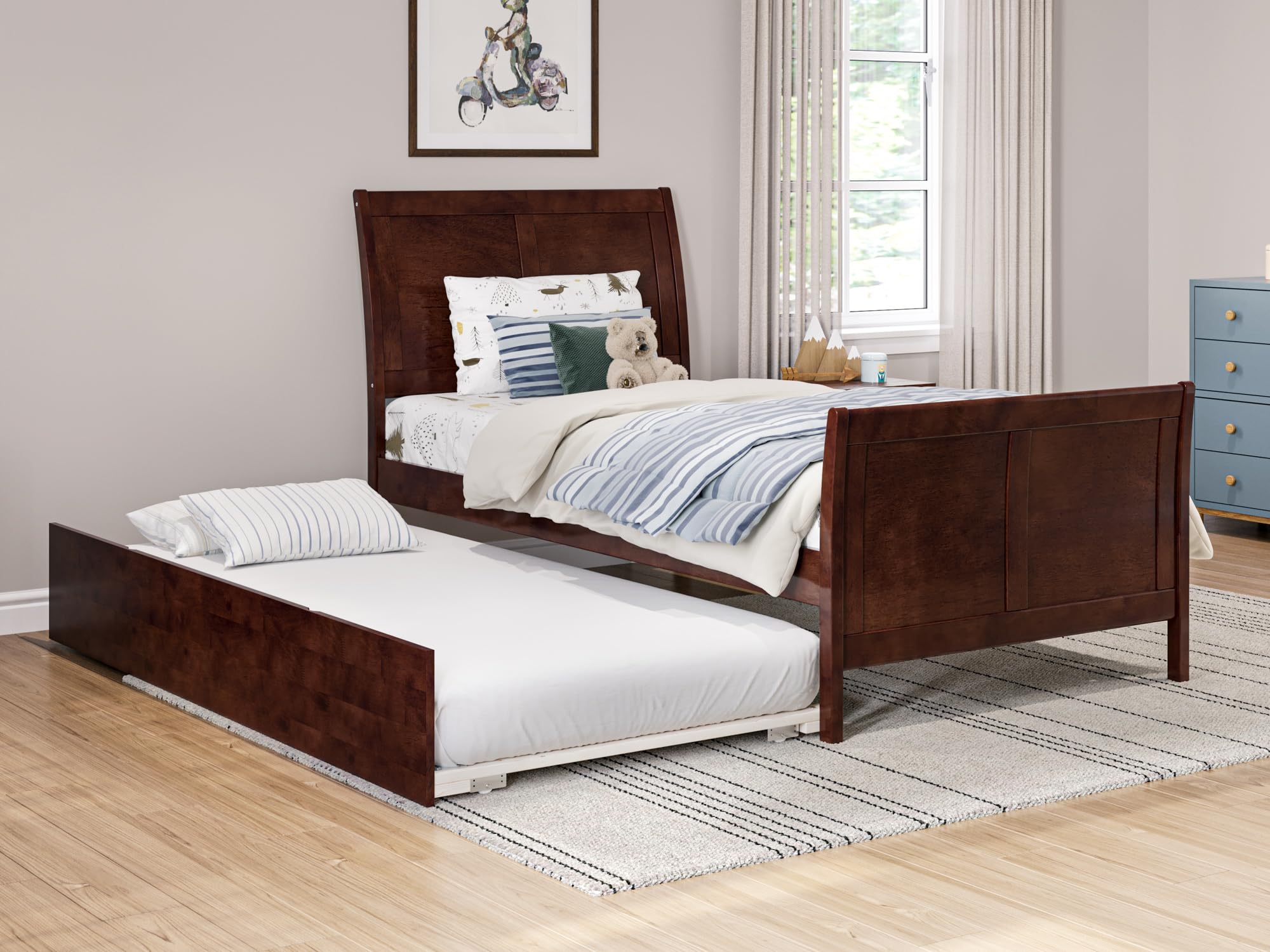Portland Twin Platform Bed with Matching Foot Board with Twin Size Urban Trundle Bed in Walnut