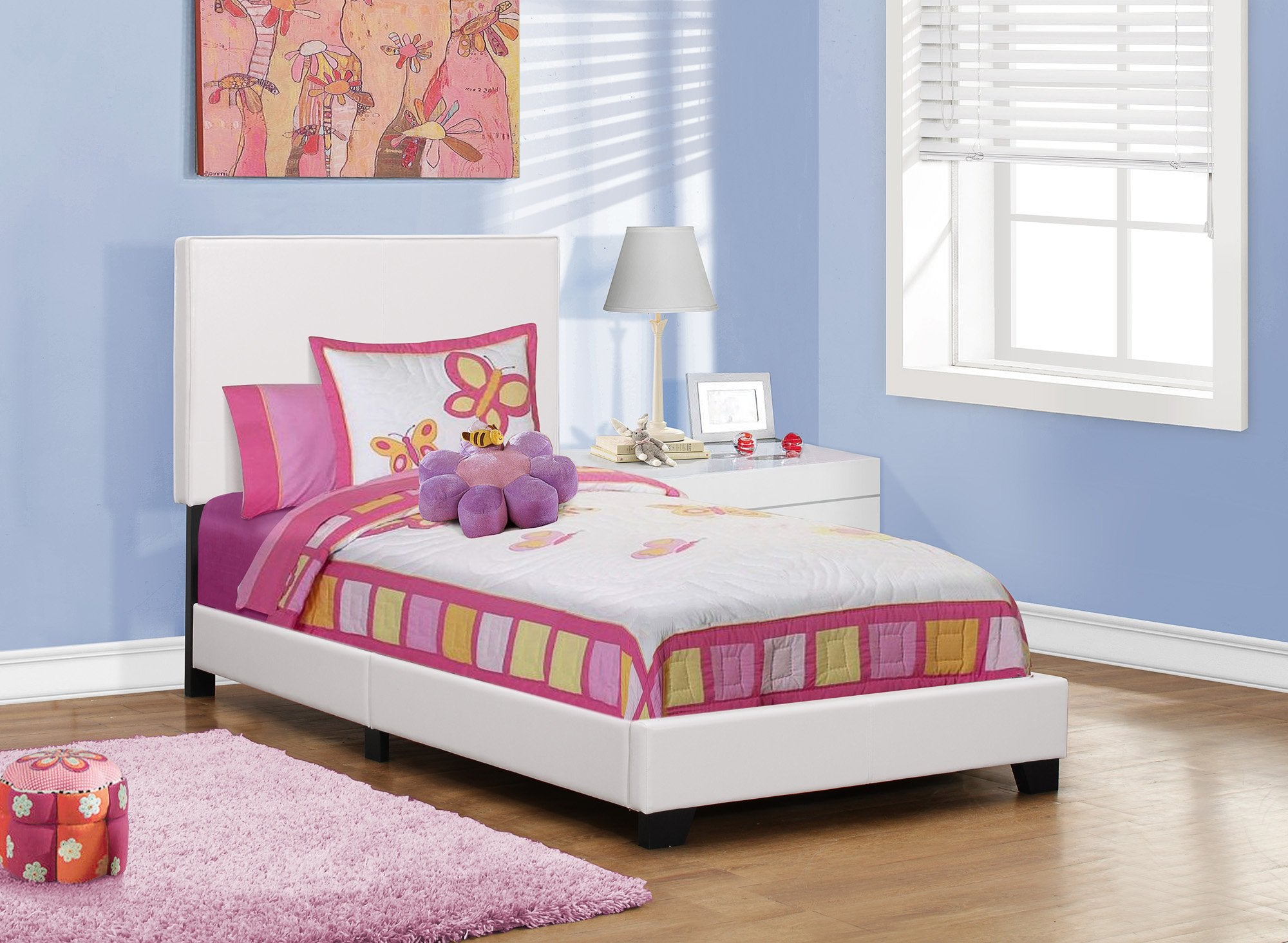 Bed, Twin Size, Platform, Bedroom, Frame, Upholstered, Pu Leather Look, Wood Legs, White, Transitional