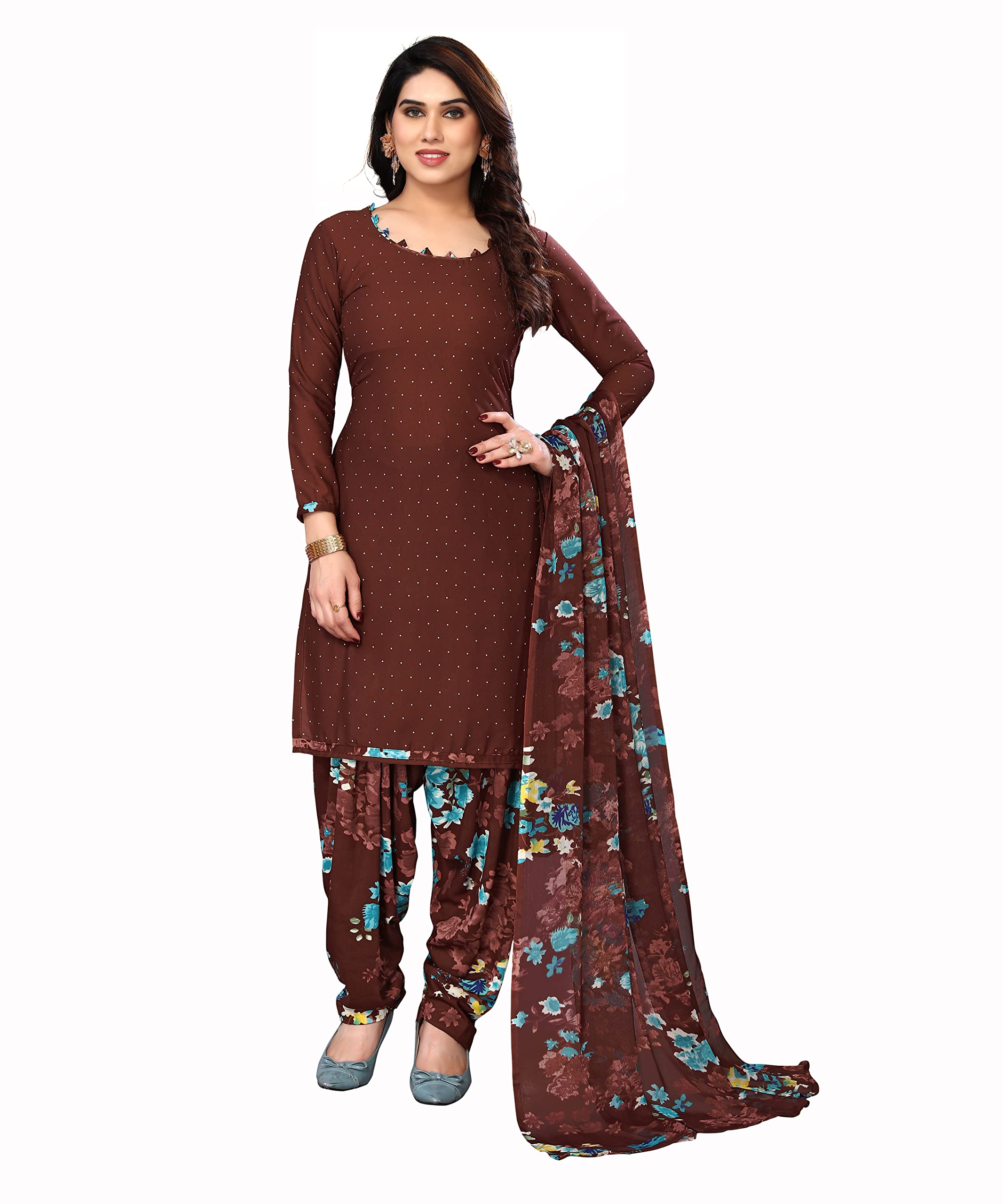 Yashika Women's Crepe Printed Unstitched Salwar Suit Dress Material With Dupatta(NEW-COFFEE FLOWER)