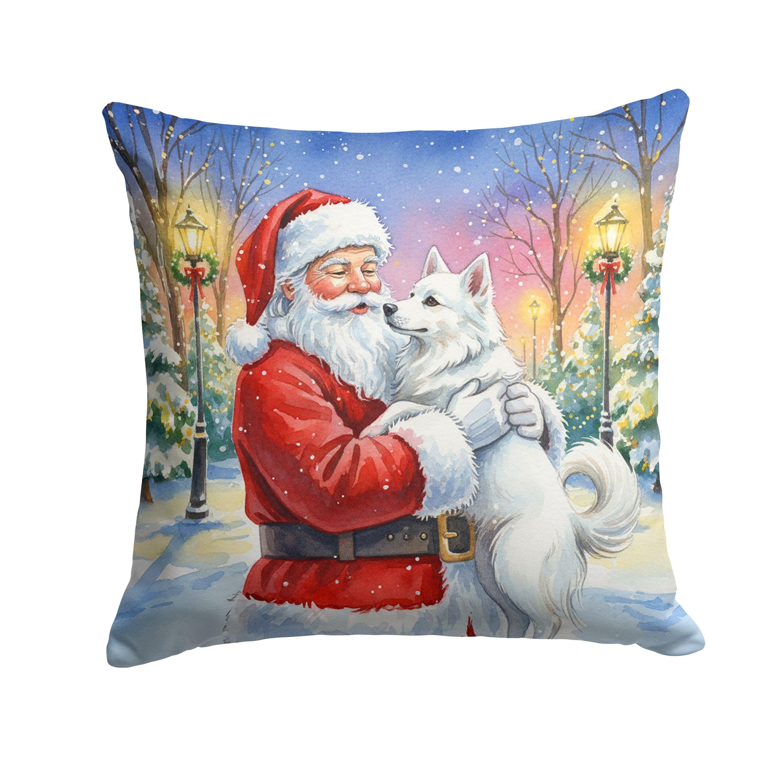 Carolines Treasures American Eskimo with Santa Claus Throw Pillow Decorative Indoor Outdoor Accent Cushion for Couch, Bed or Patio, 14Hx14W