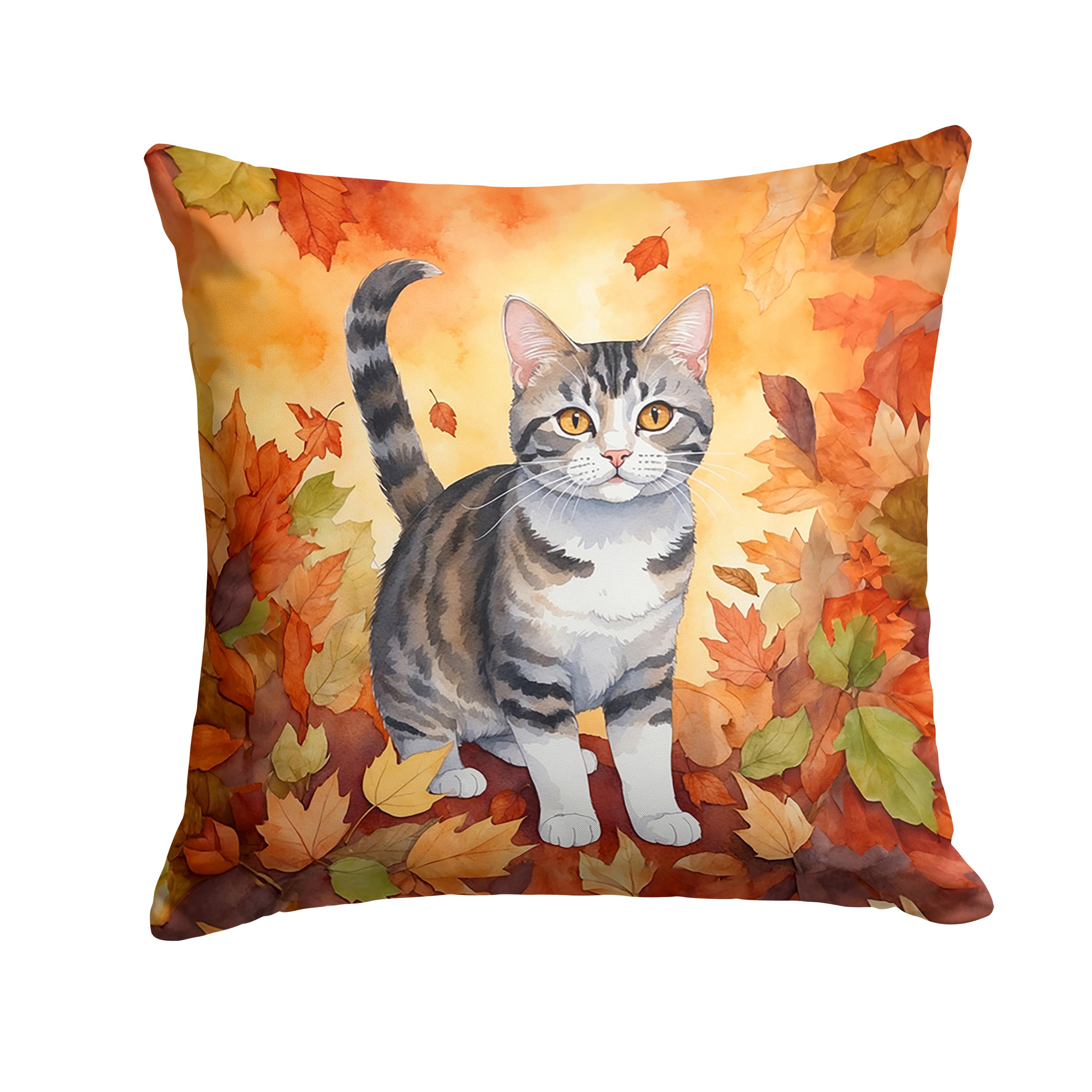 Carolines Treasures American Wirehair Cat in Fall Leaves Throw Pillow Machine Washable, Indoor Outdoor Decorative Pillow for Couch, Bed or Patio, 18Hx18W