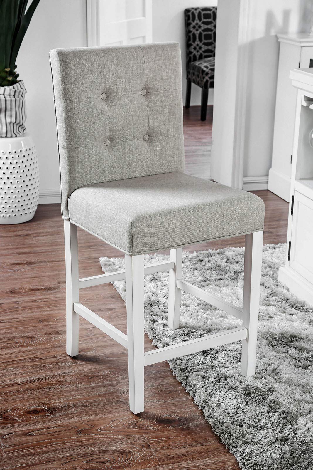 Benjara Benzara Fabric Upholstered Wooden Counter Height Chair, Pack Of Two, White And Gray,