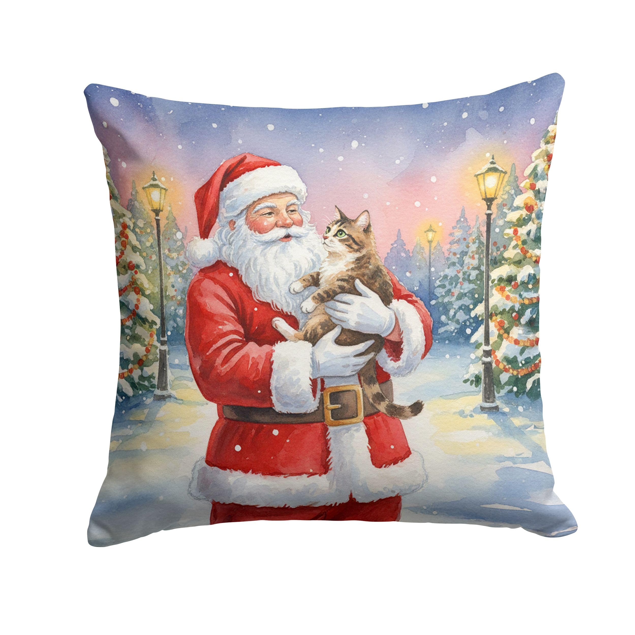 Carolines Treasures American Bobtail Cat with Santa Claus Throw Pillow Decorative Indoor Outdoor Accent Cushion for Couch, Bed or Patio, 14Hx14W