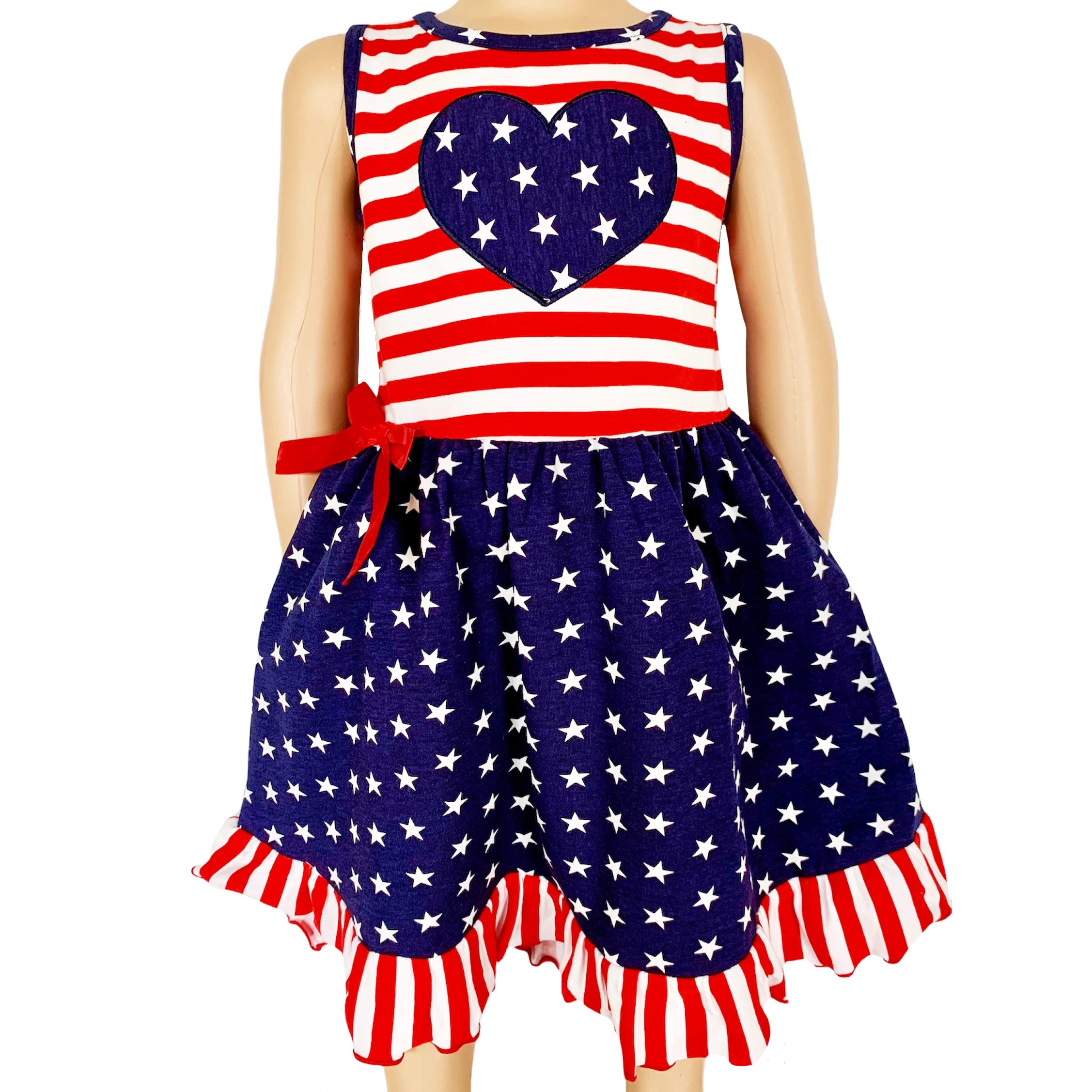 AnnLoren Girls 4th of July Stars & Striped Heart Dress Red White & Blue