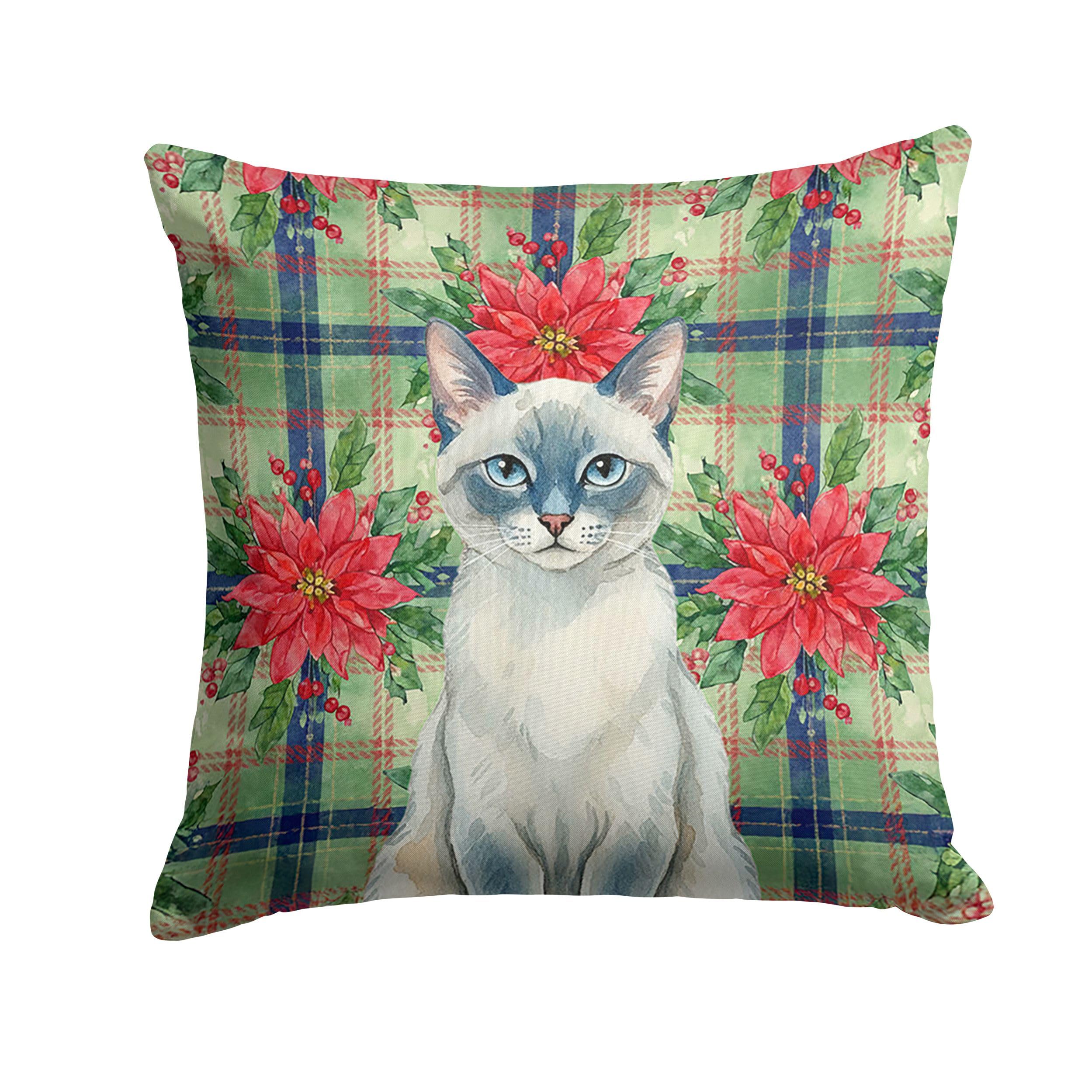 Carolines Treasures Blue Point Cat with Poinsettias Throw Pillow Decorative Indoor Outdoor Accent Cushion for Couch, Bed or Patio, 18Hx18W