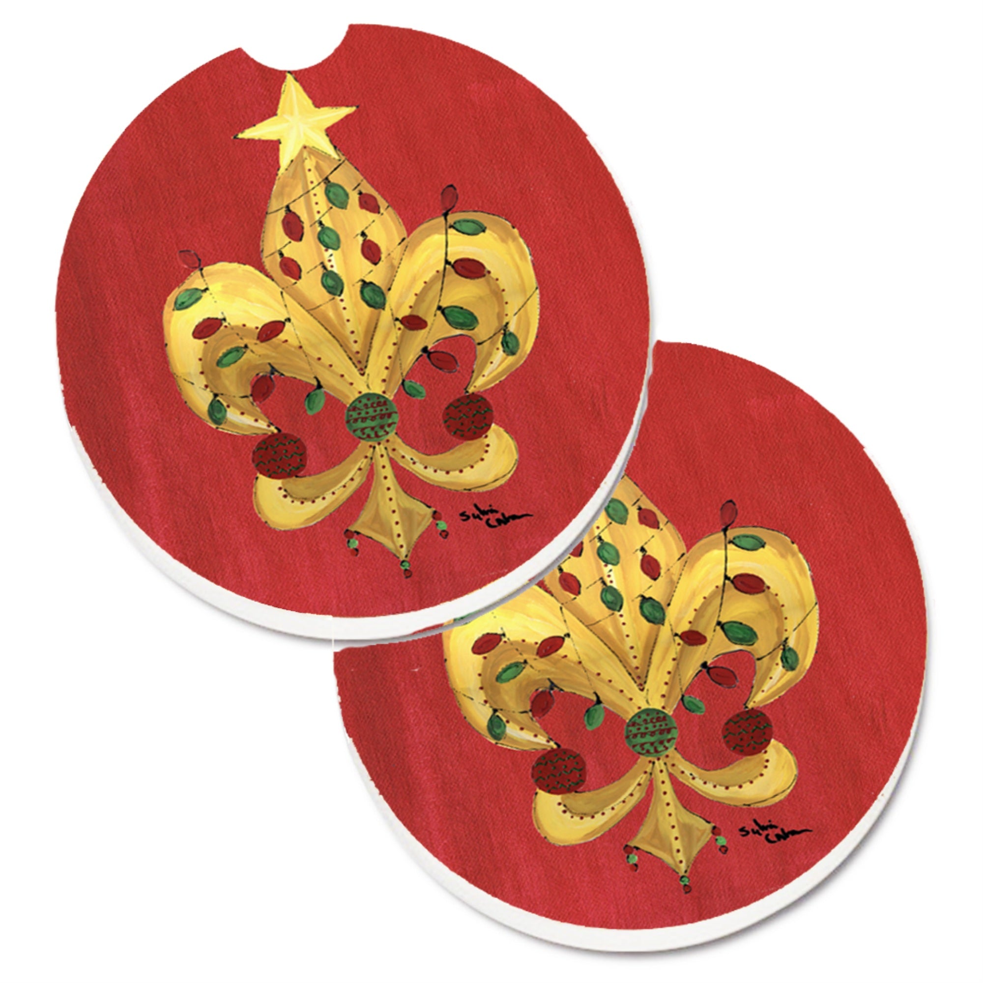 Caroline'S Treasures Christmas Fleur De Lis Tree With Lights Set Of 2 Cup Holder Car Coasters 8185Carc, 2.56, Multicolor