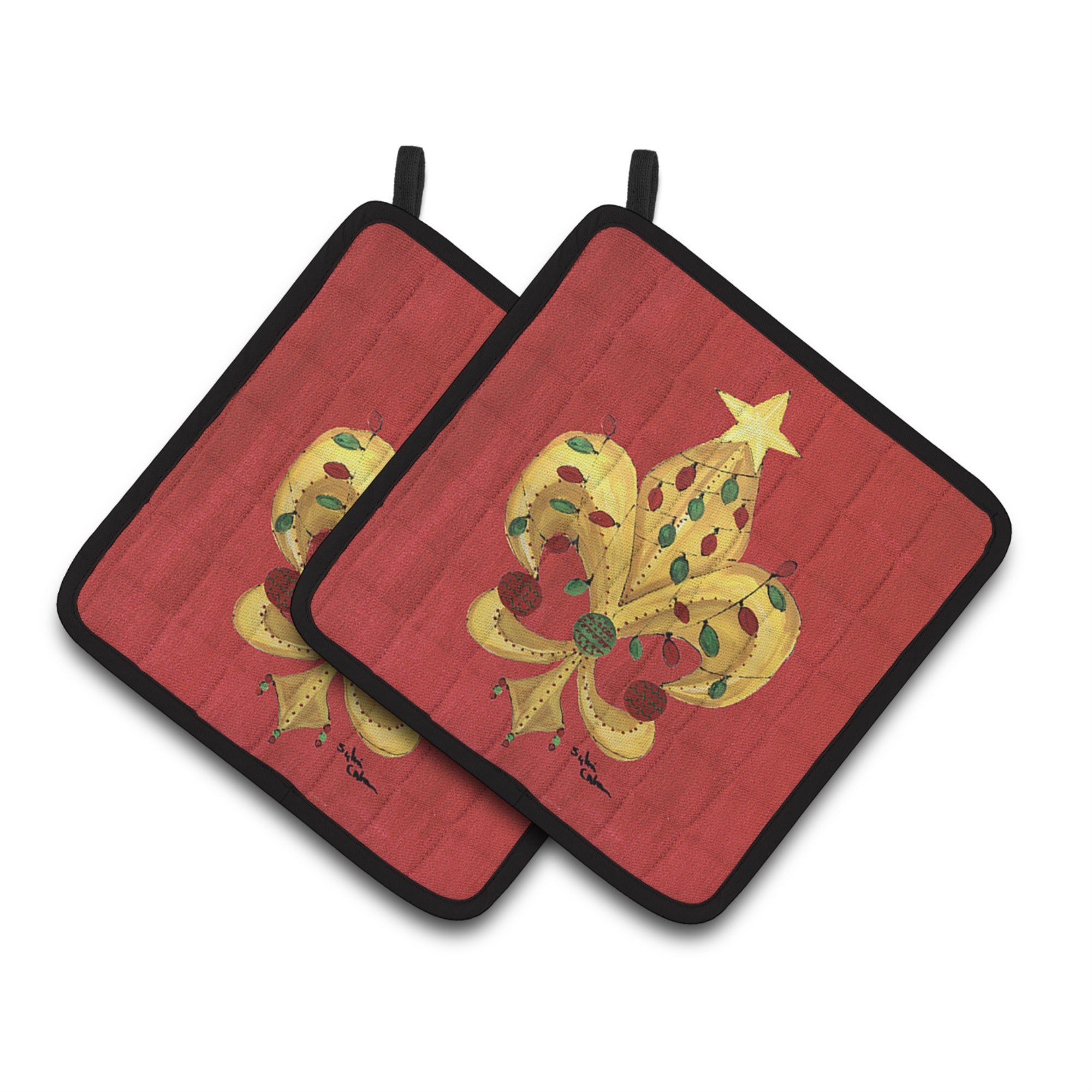 Caroline'S Treasures Christmas Fleur De Lis Tree With Lights Pair Of Pot Holders 8185Pthd, 7.5Hx7.5W, Multicolor