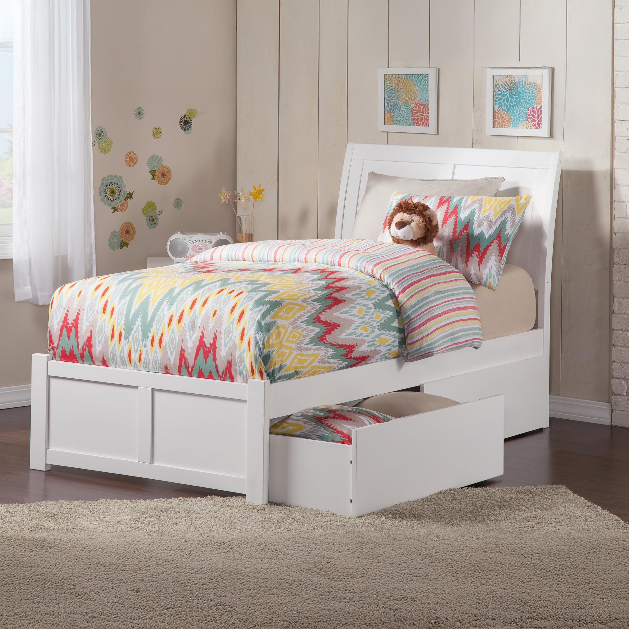 Portland Twin XL Platform Bed with Flat Panel Foot Board and 2 Urban Bed Drawers in White