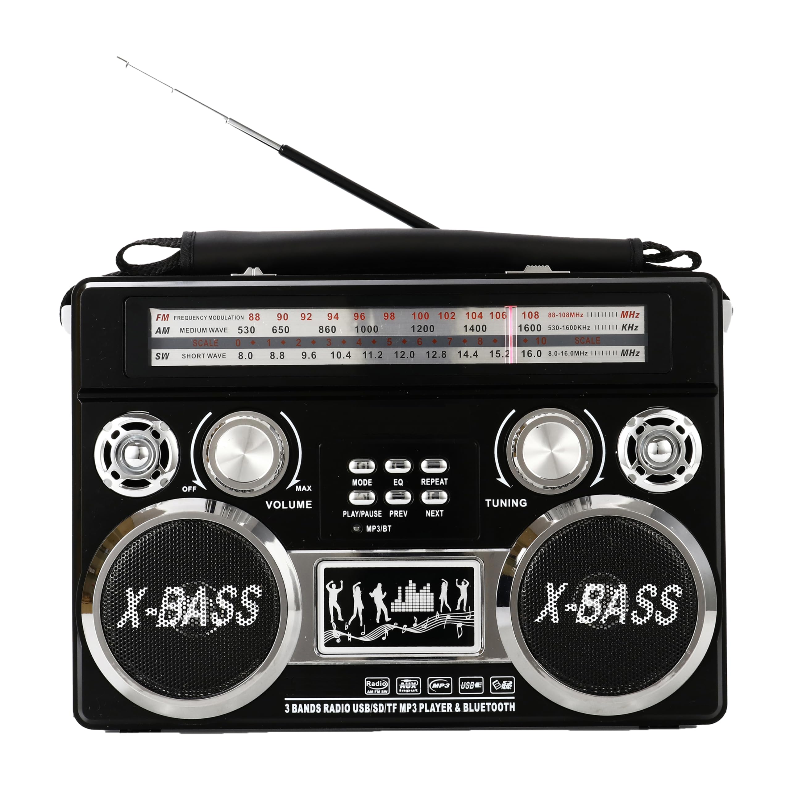 Supersonic SC-1097BT- Black 3-Band Radio with Bluetooth and Flashlight (Black)