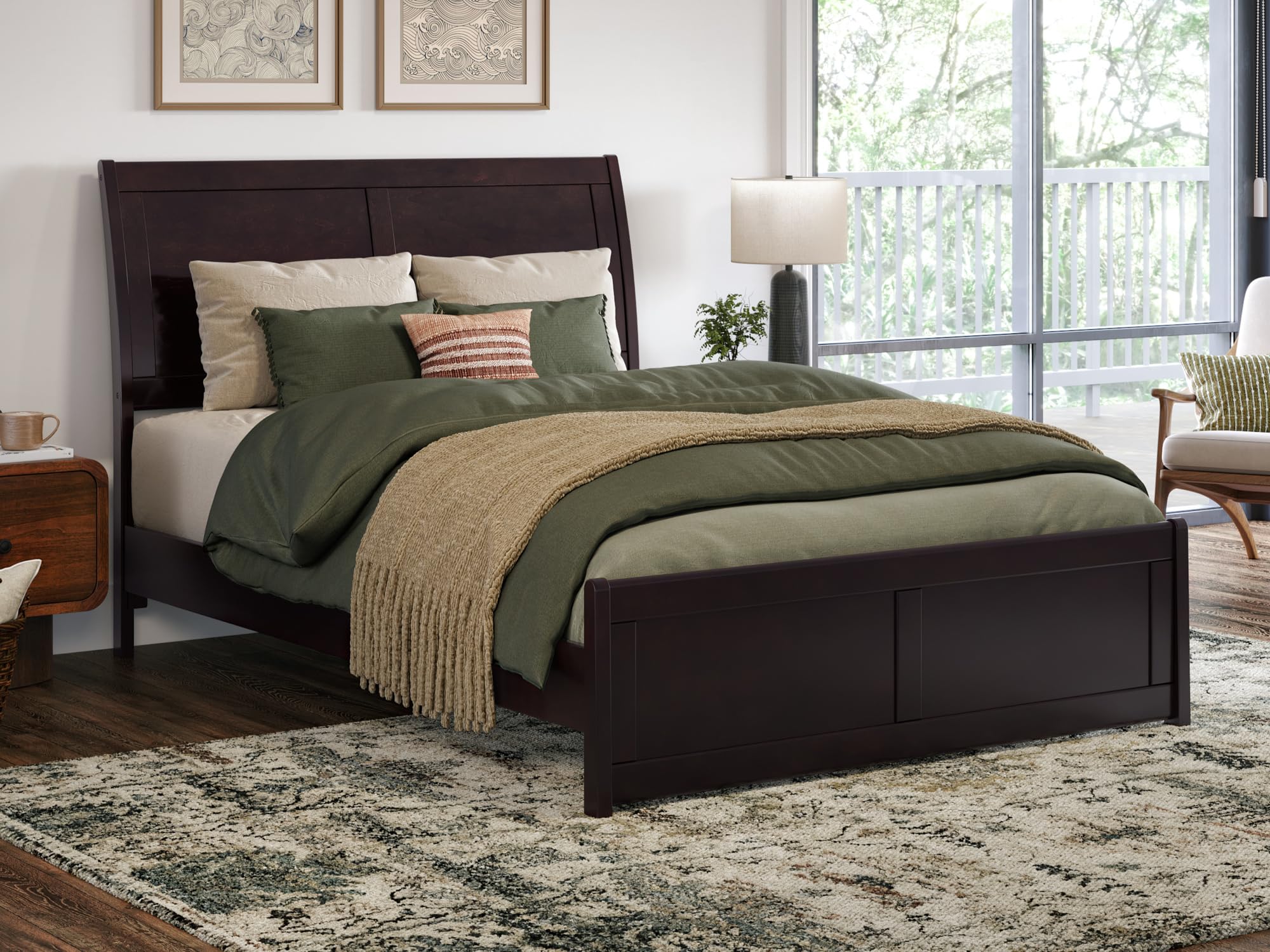 Valencia Full Solid Wood Low Profile Sleigh Platform Bed with Matching Footboard in Espresso