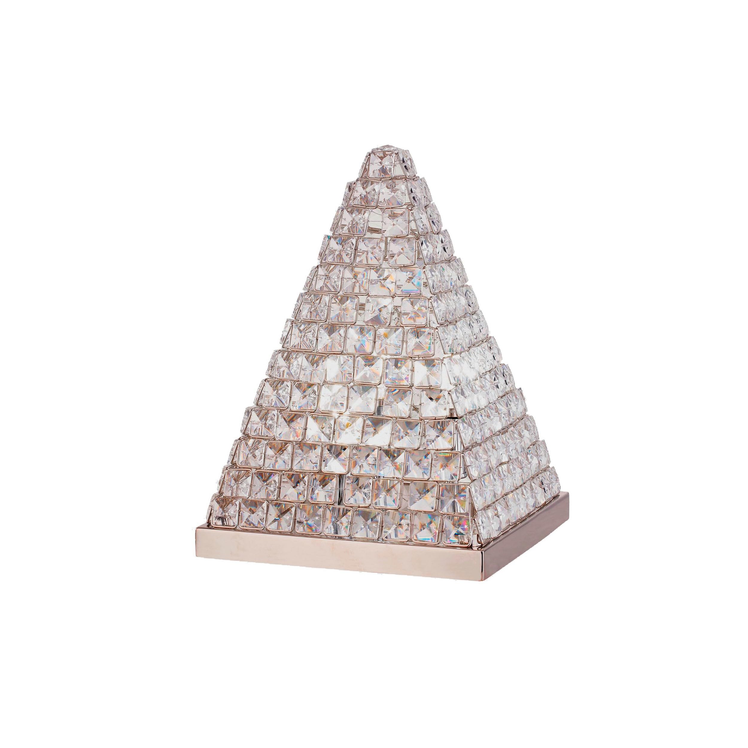 14 Inch Table Lamp, Crystal Pyramid Shaped Frame, Stone Studded, Silver