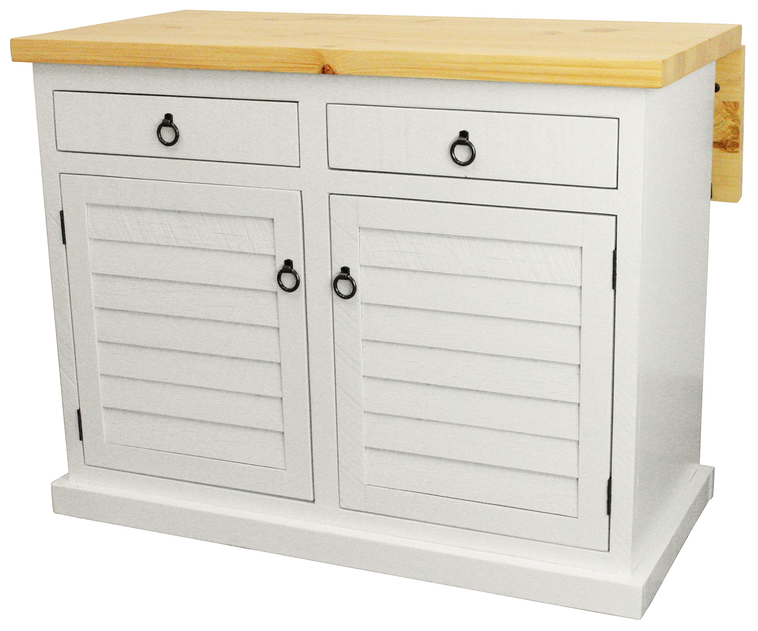 Rustic Shutter Door Kitchen Island in Bright White with Flip up Pine Top
