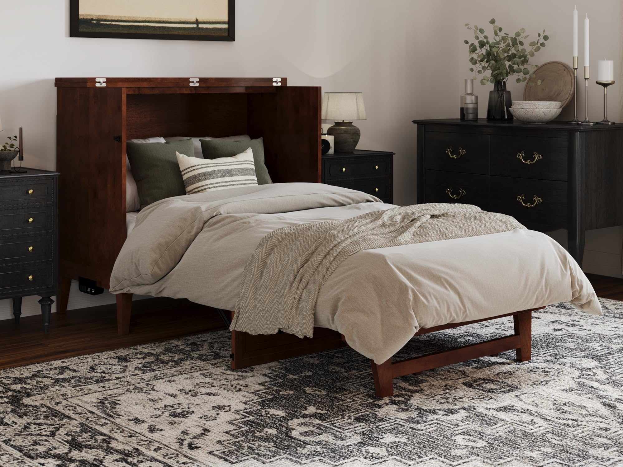 Santa Fe Full Solid Wood Murphy Bed Chest with Mattress and Built-in Charger in Walnut