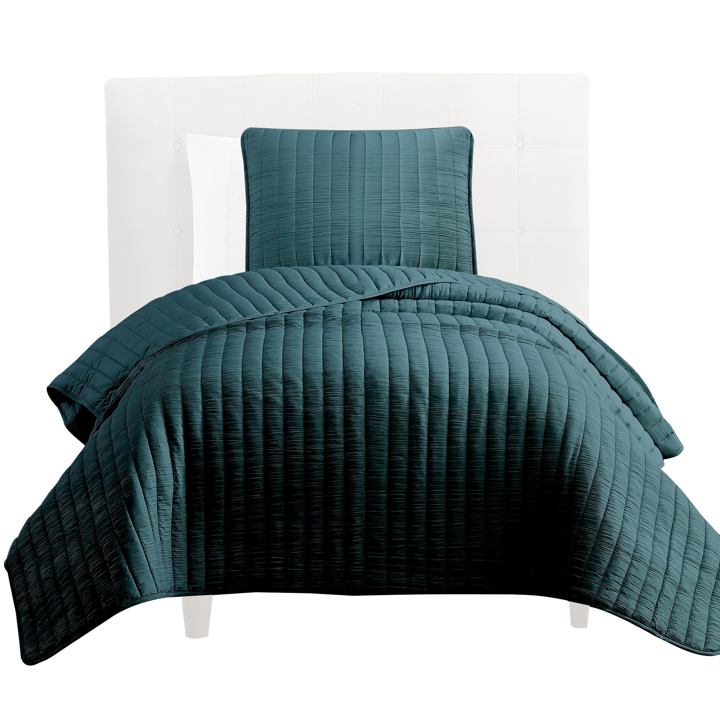 Elia Twin Contemporary Quilt Coverlet Set with Crinkle Texture, Teal Green
