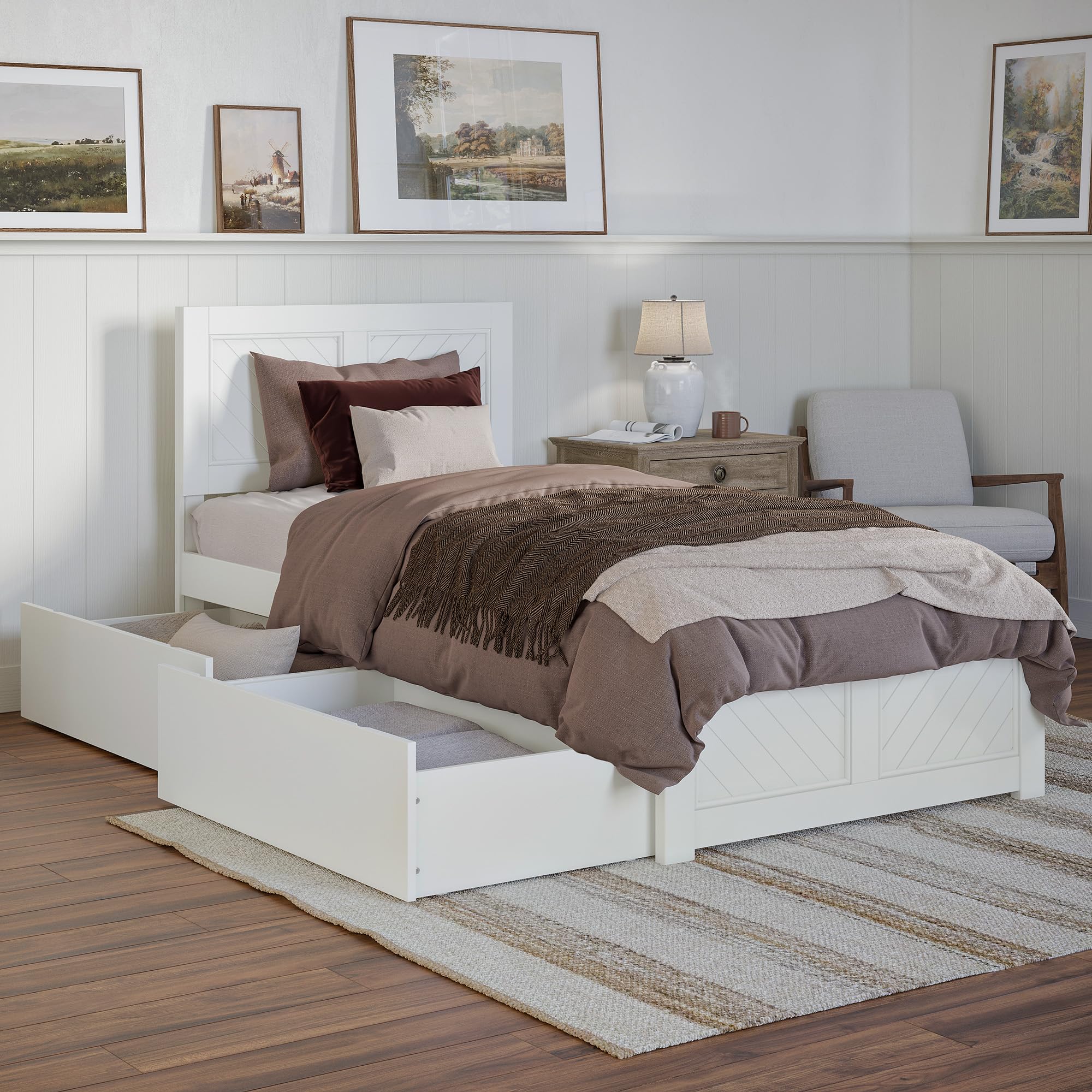Canyon Twin XL Platform Bed with Matching Footboard and Storage Drawers in White