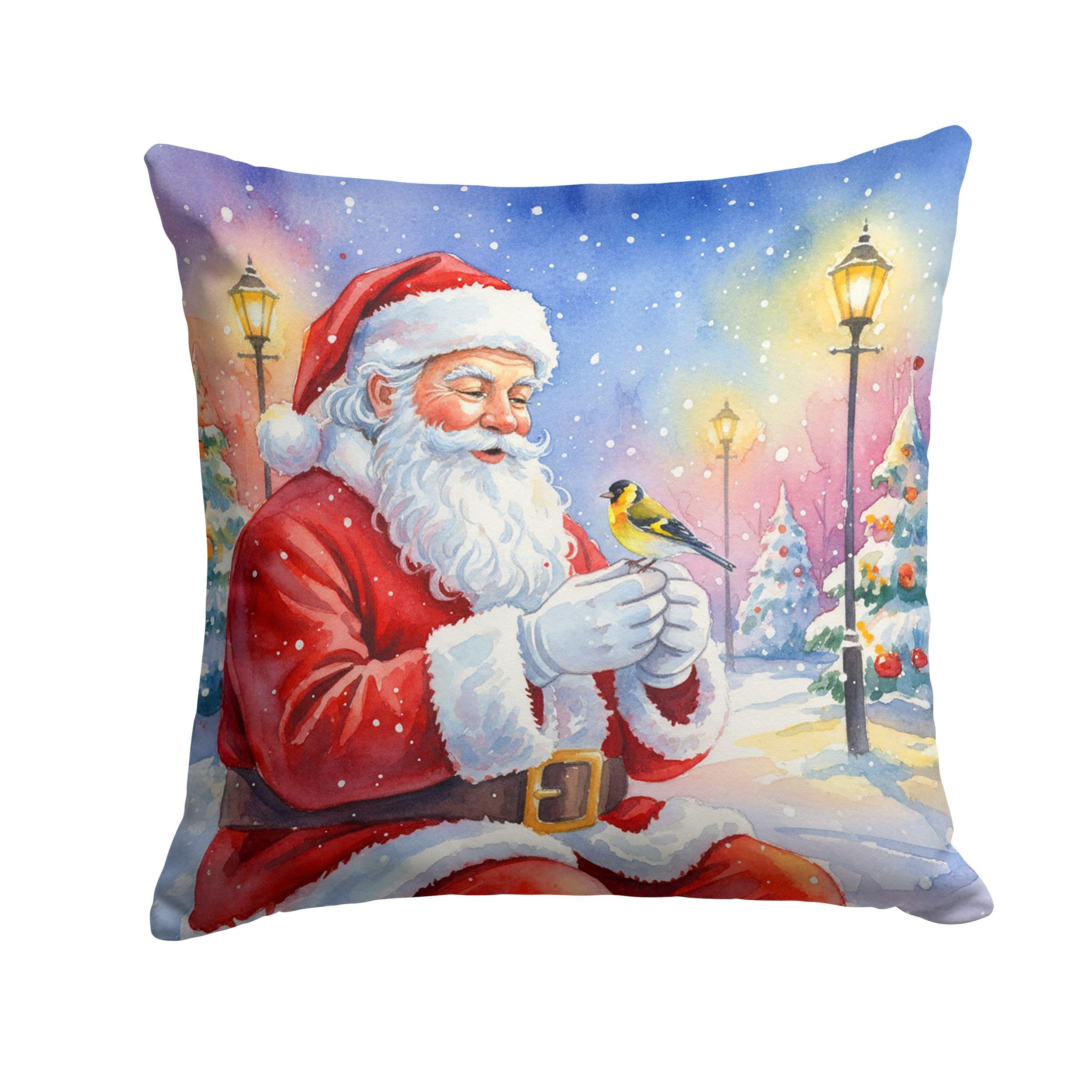 Carolines Treasures Goldfinch with Santa Claus Throw Pillow Decorative Indoor Outdoor Accent Cushion for Couch, Bed or Patio, 14Hx14W
